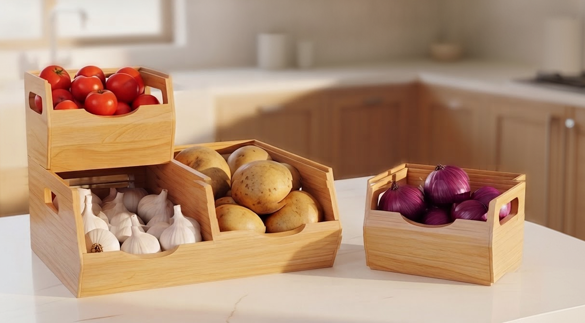 Homestead ventilated wood storage bins holding potatoes and onions on a kitchen counter