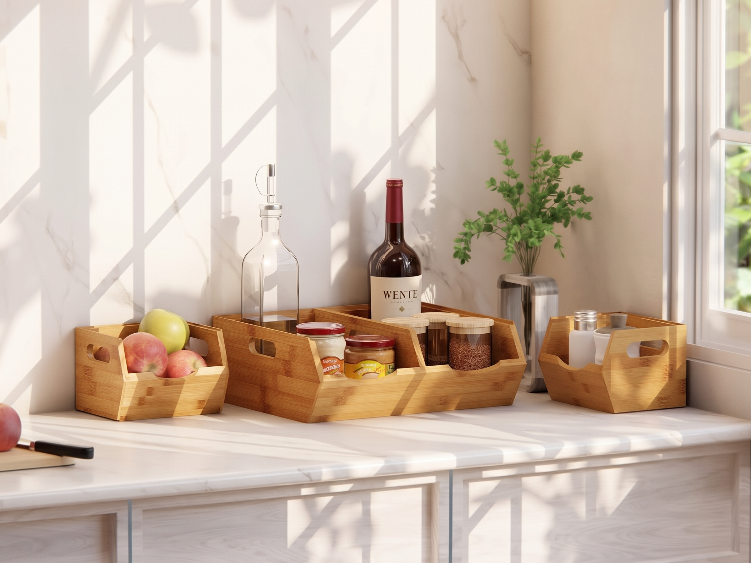 Organized pantry with Homestead stackable bamboo and wood storage bins holding produce and dry goods