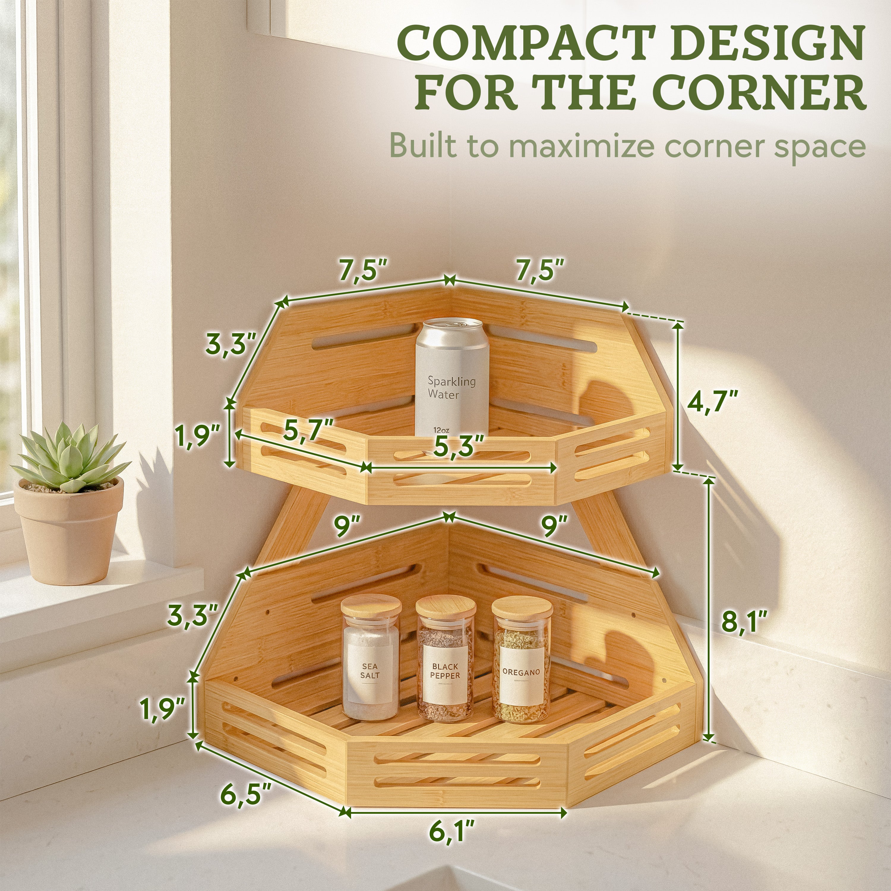 HOMESTEAD 2-Tier Bamboo Corner Shelf Organizer, Fruit Vegetable Produce Stand with Air Vents, Countertop Standing Rack for Kitchen, Bathroom, Corner Shelf Space Saver