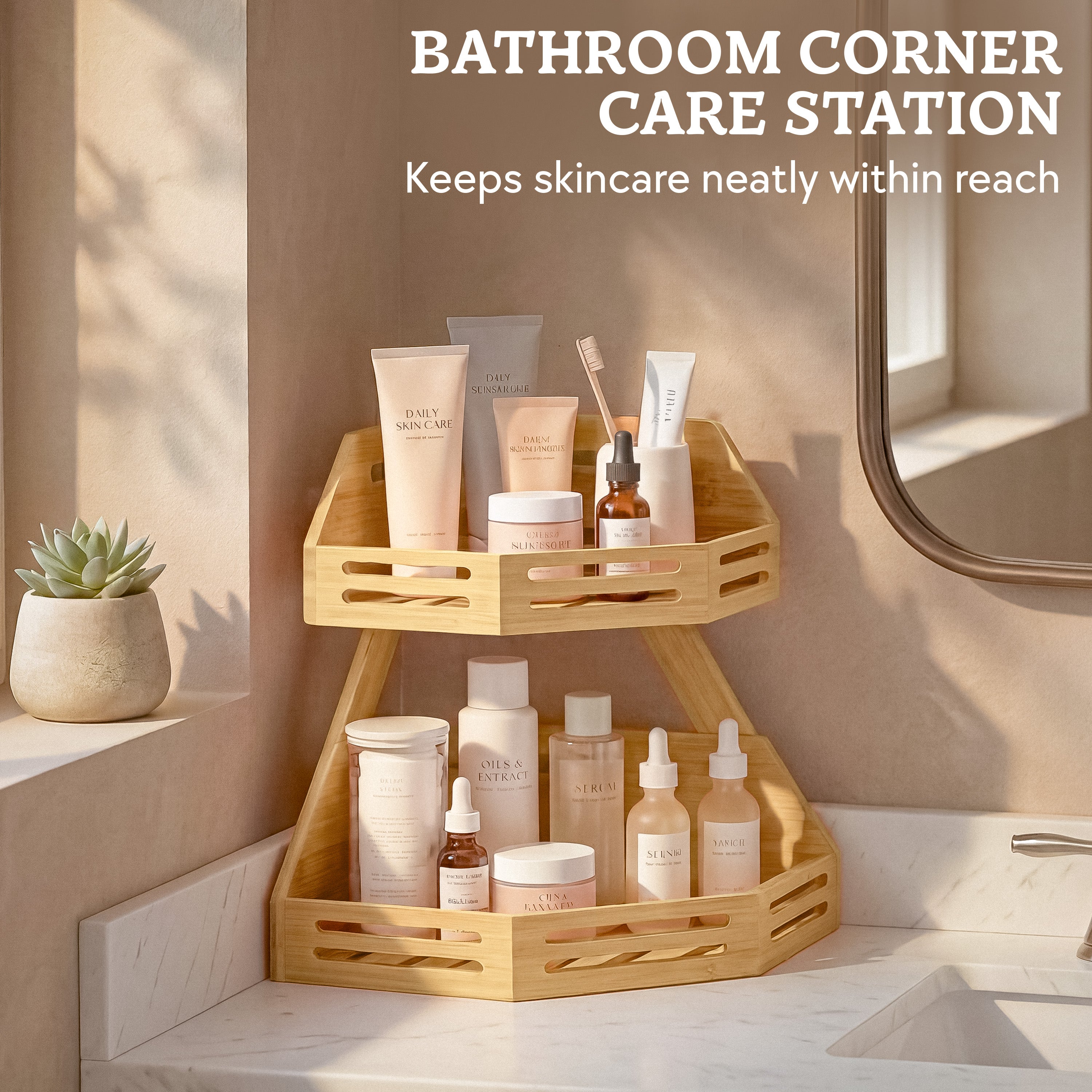 HOMESTEAD 2-Tier Bamboo Corner Shelf Organizer, Fruit Vegetable Produce Stand with Air Vents, Countertop Standing Rack for Kitchen, Bathroom, Corner Shelf Space Saver