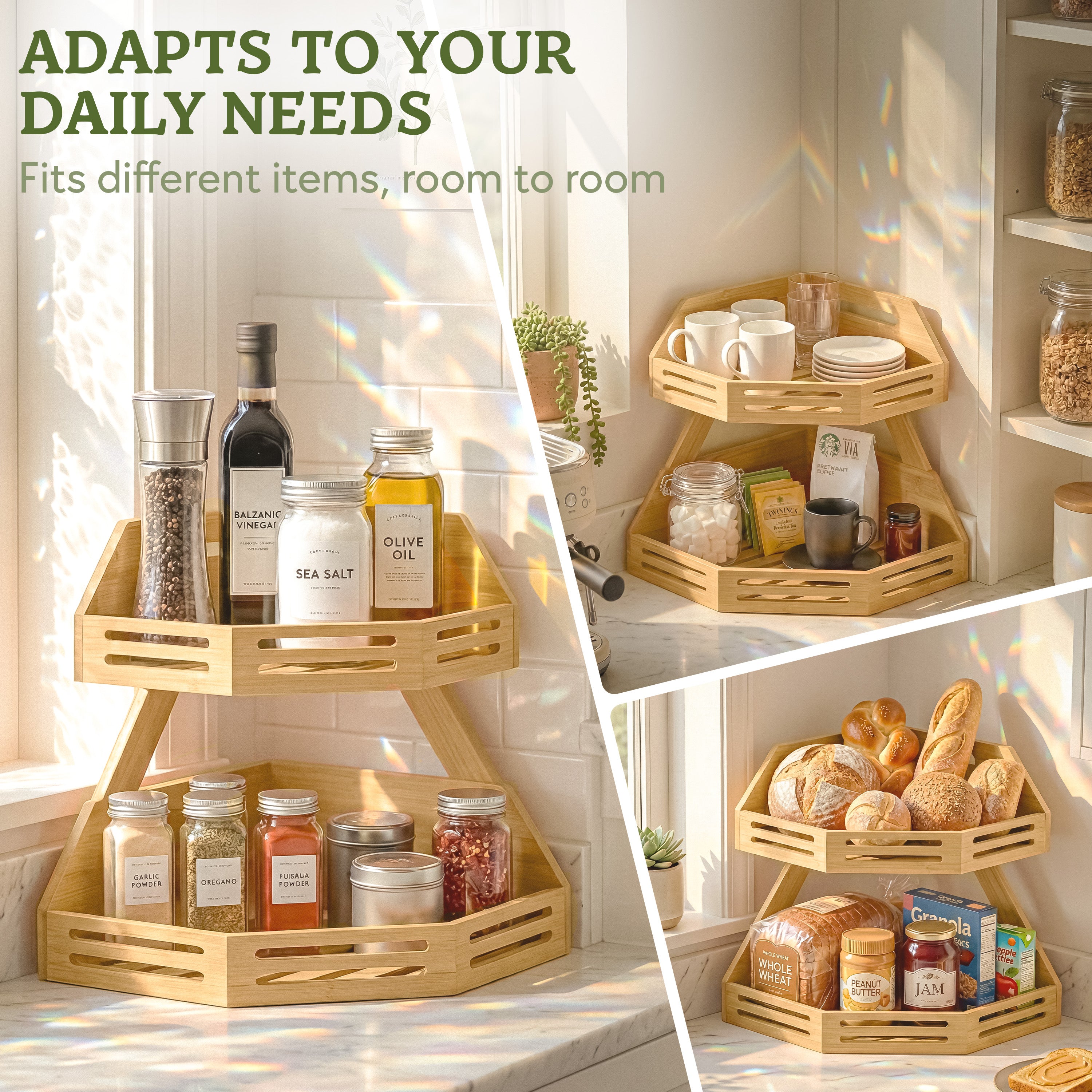 HOMESTEAD 2-Tier Bamboo Corner Shelf Organizer, Fruit Vegetable Produce Stand with Air Vents, Countertop Standing Rack for Kitchen, Bathroom, Corner Shelf Space Saver
