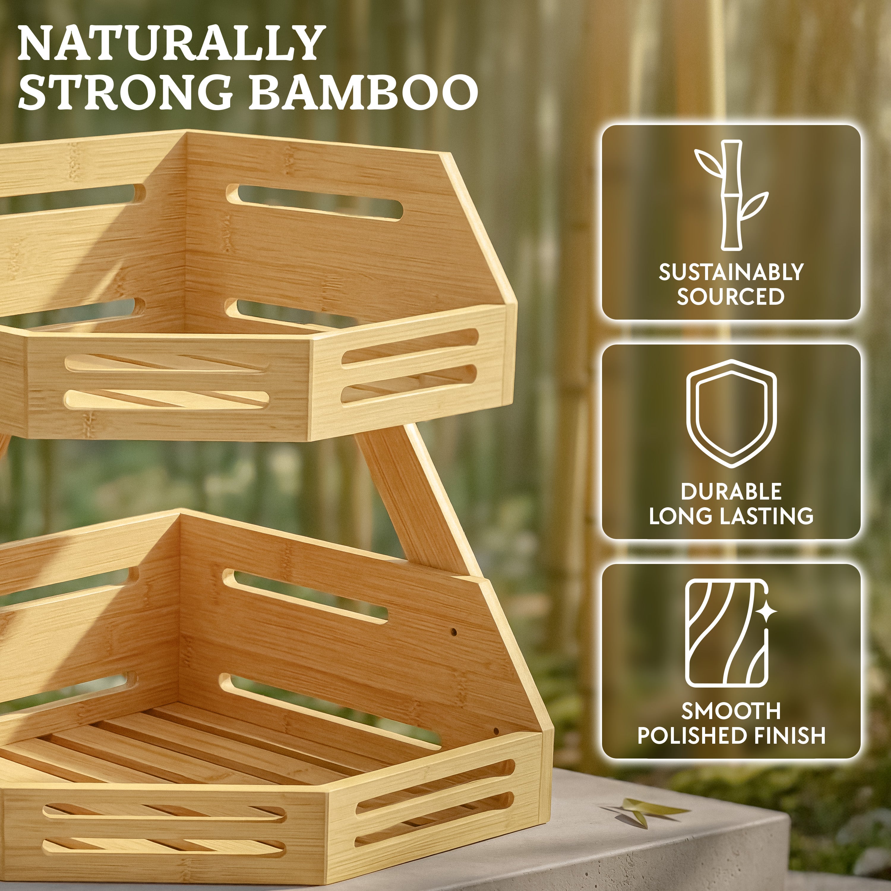 HOMESTEAD 2-Tier Bamboo Corner Shelf Organizer, Fruit Vegetable Produce Stand with Air Vents, Countertop Standing Rack for Kitchen, Bathroom, Corner Shelf Space Saver