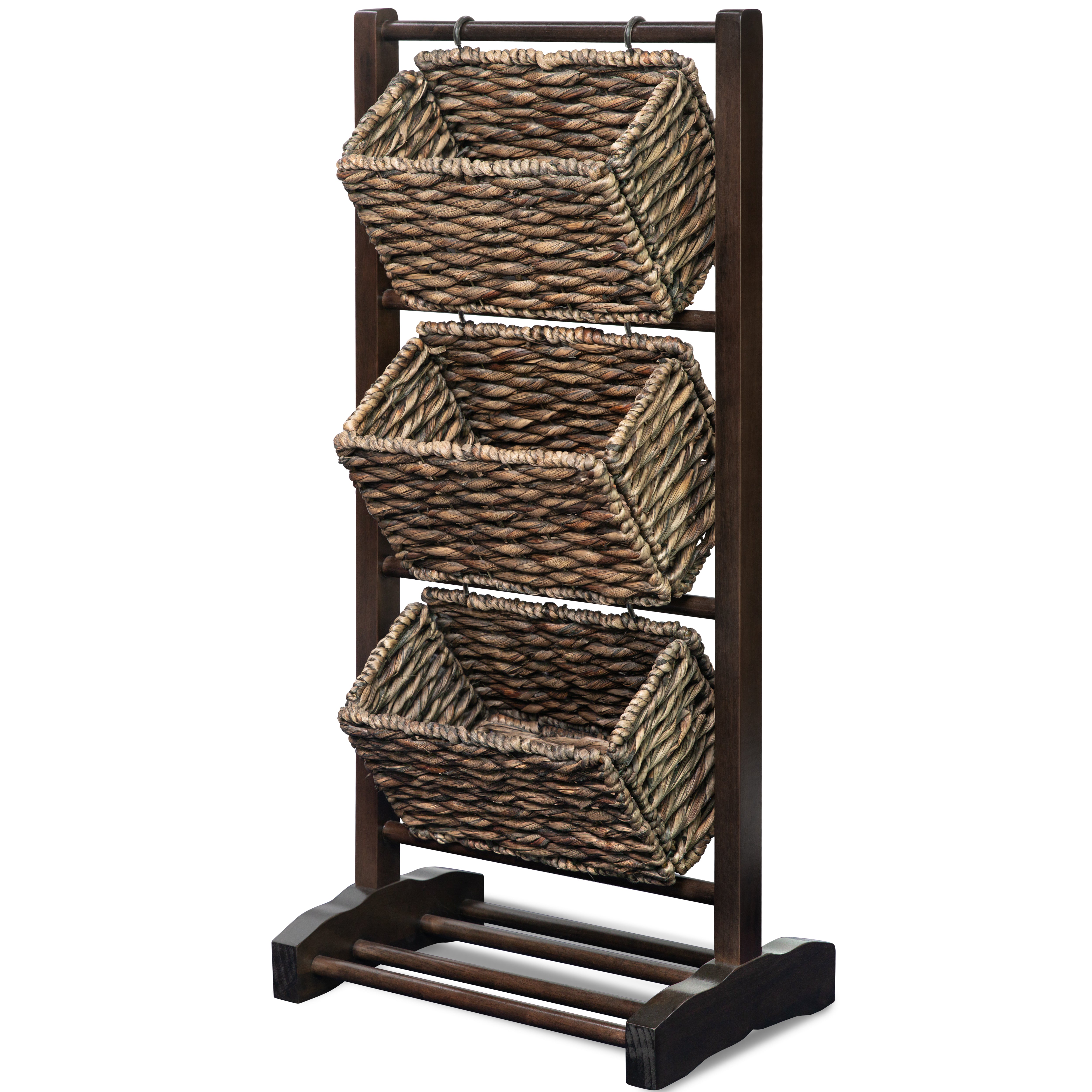 花台　自然木　約75cm✕約35cm✕約11cm HOMESTEAD 3-Tier Wooden Shelf with Water Hyacinth Woven Baskets