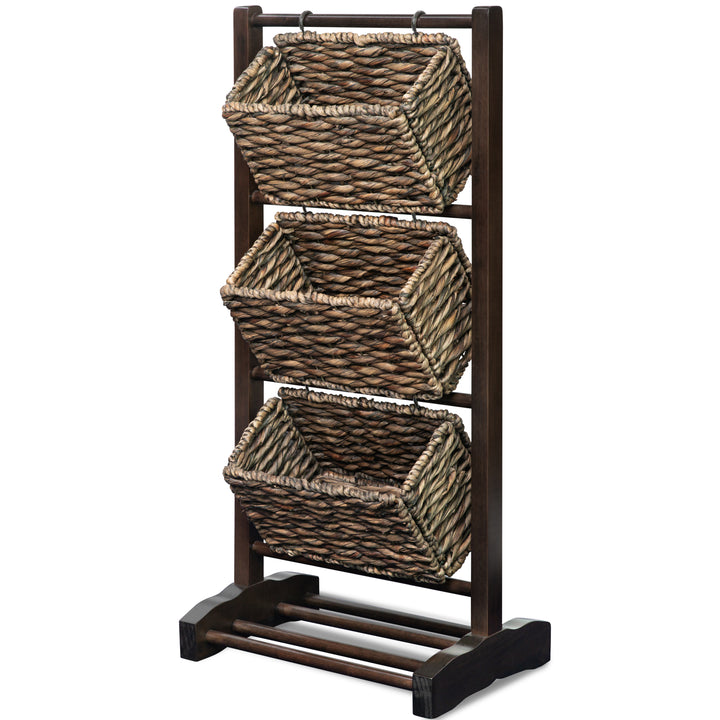 HOMESTEAD 3-Tier Wooden Shelf with Water Hyacinth Woven Baskets