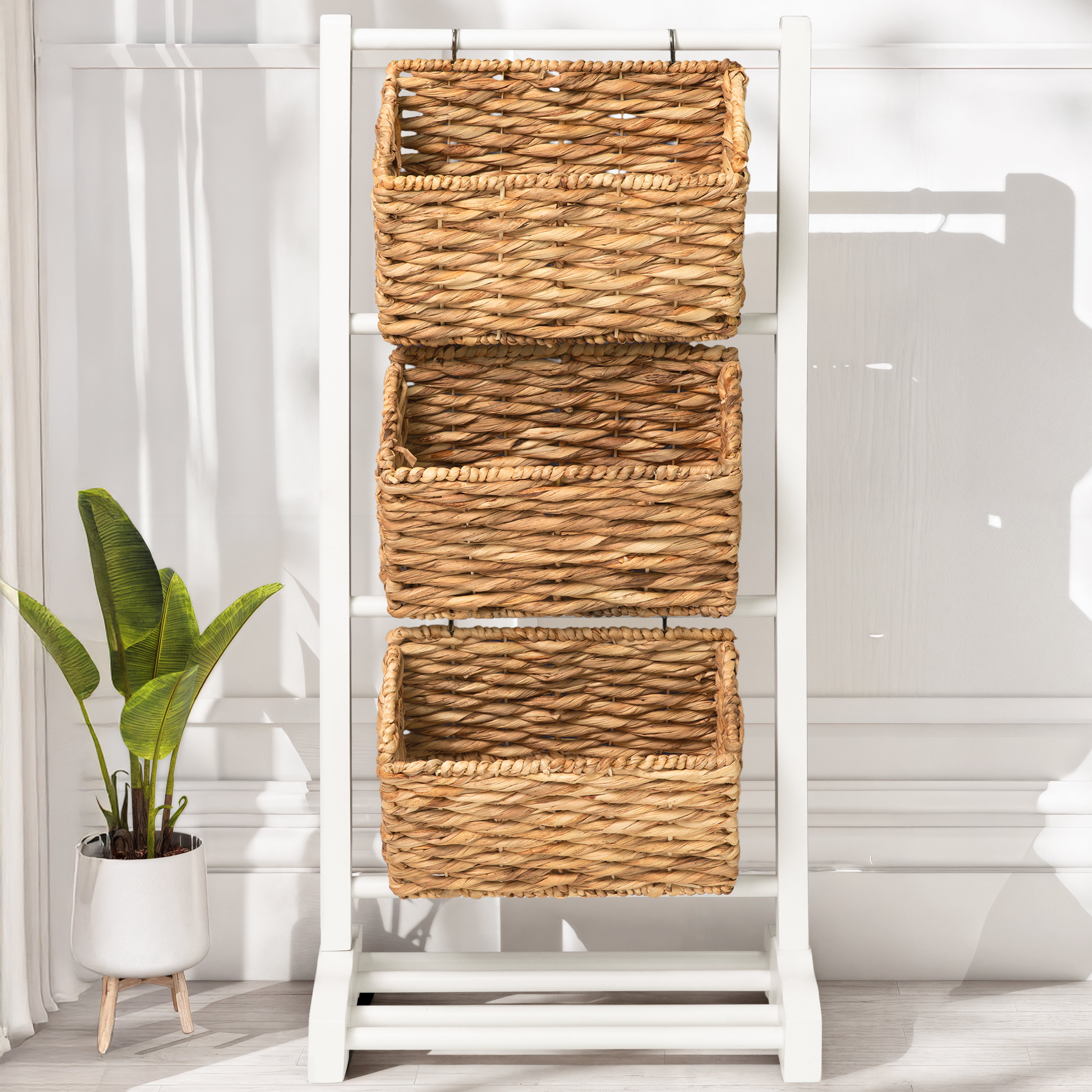 HOMESTEAD 3-Tier Wooden Shelf with Water Hyacinth Woven Baskets