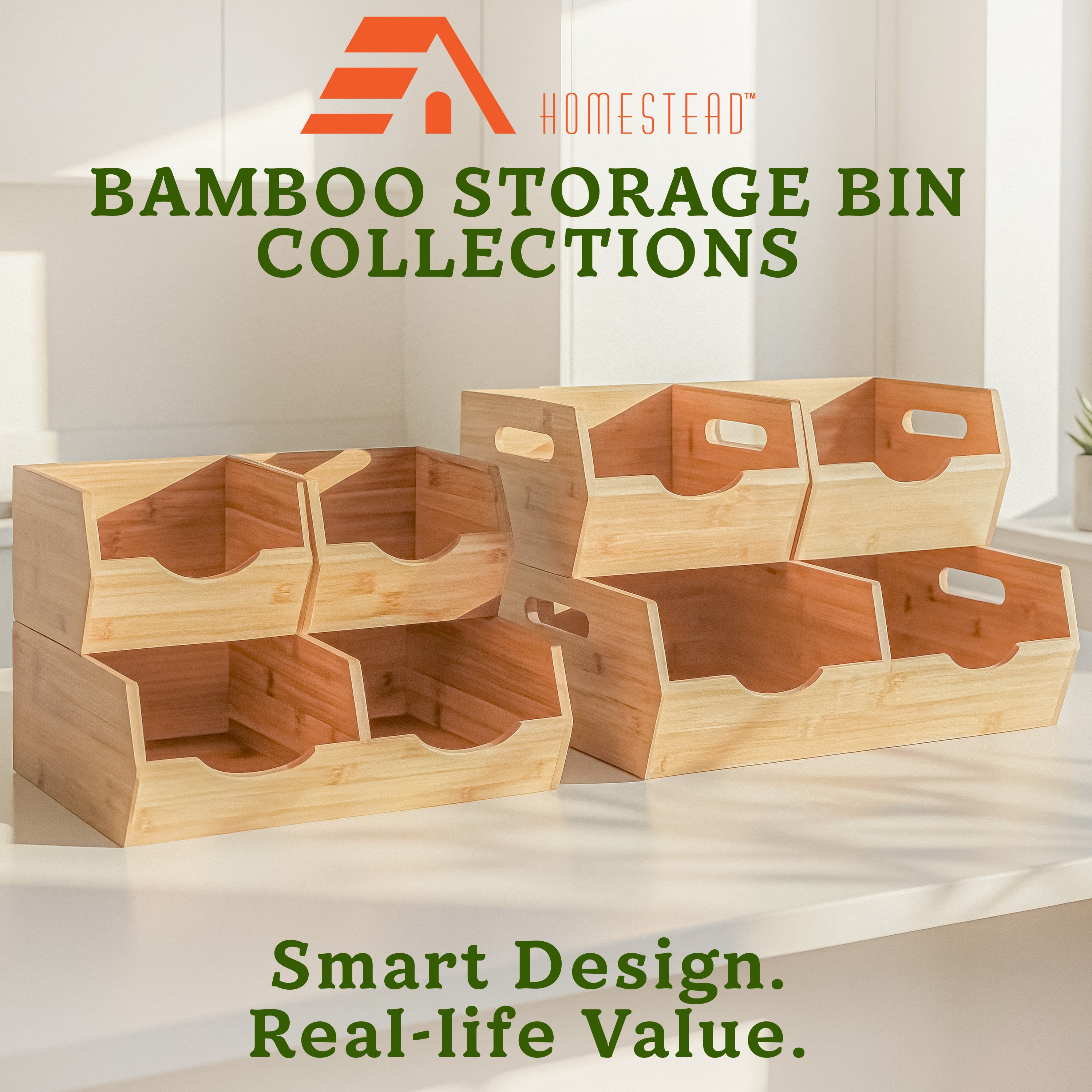 HOMESTEAD Extra Large Bamboo Pantry Storage Bins – 30% Larger, Stackable Potato Onion Storage Bin, Set of 3