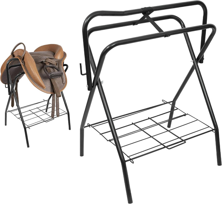 HOMESTEAD Portable Saddle Rack - Heavy Duty Saddle Stand for English & Western Saddles, Durable Folding Stand with Bridle Hook & Storage, Ideal for Tack Room & Travel