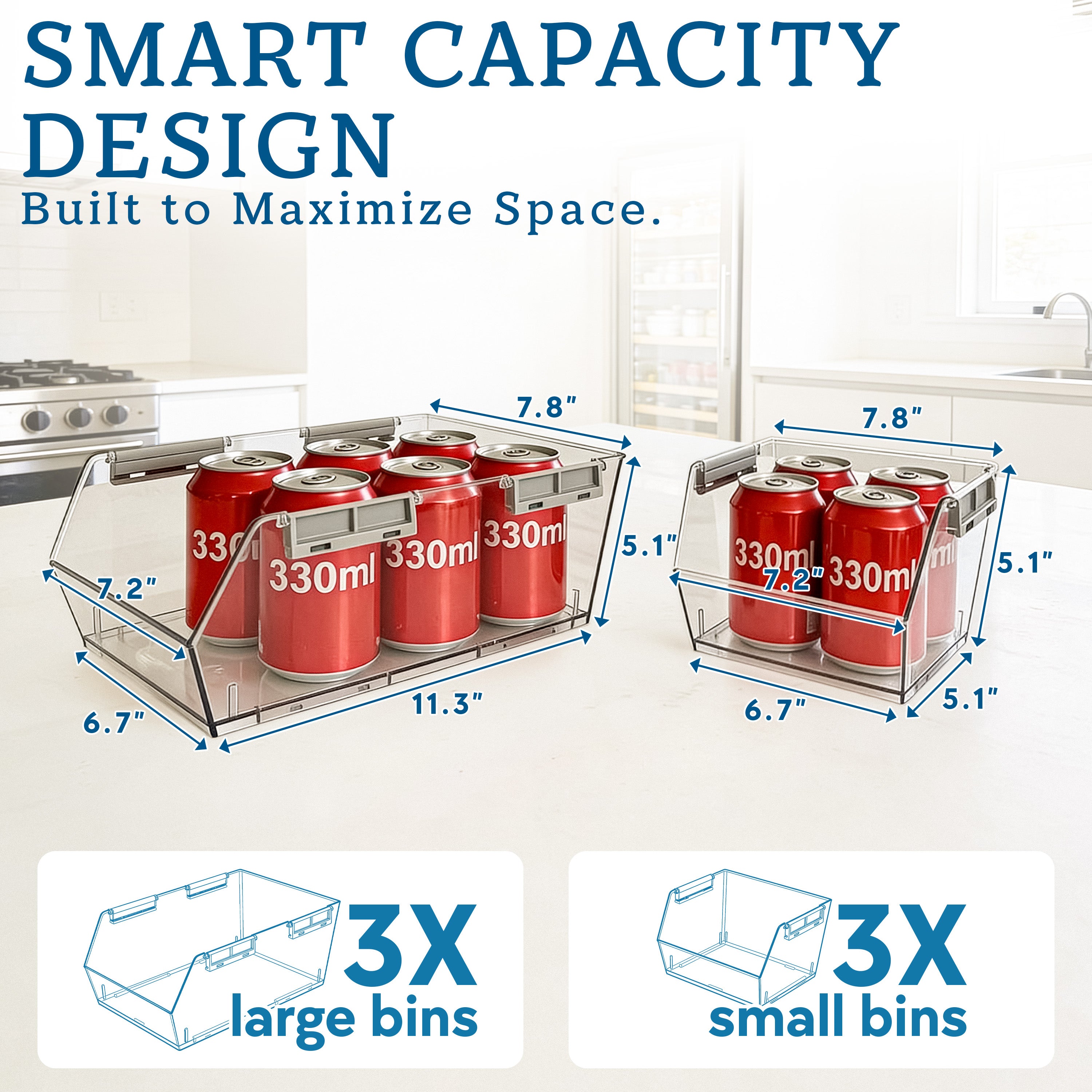 HOMESTEAD Set of 6 Stackable Storage Bins, 3 Large + 3 Small Clear Plastic Organizer Bins