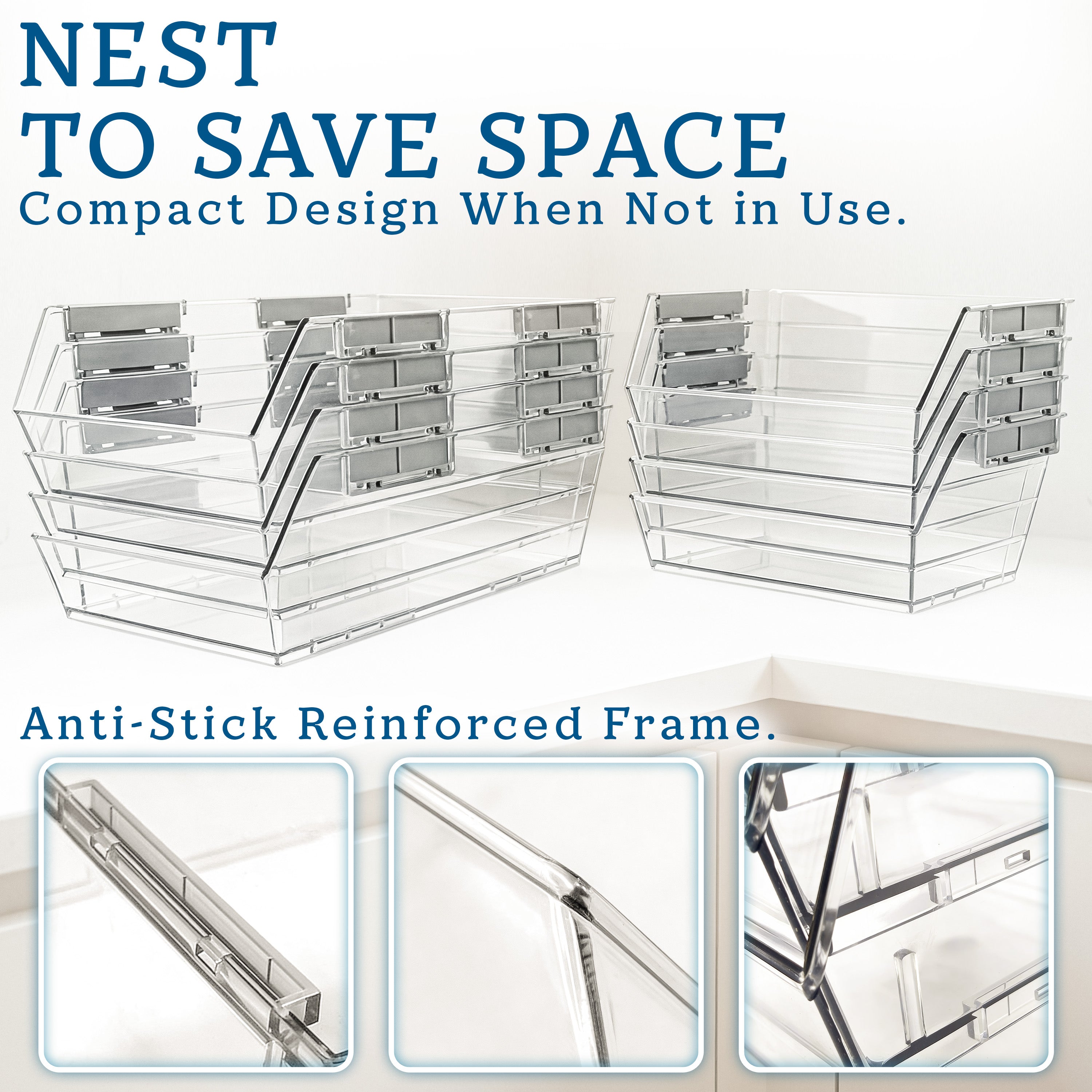 HOMESTEAD Set of 6 Stackable Storage Bins, 3 Large + 3 Small Clear Plastic Organizer Bins