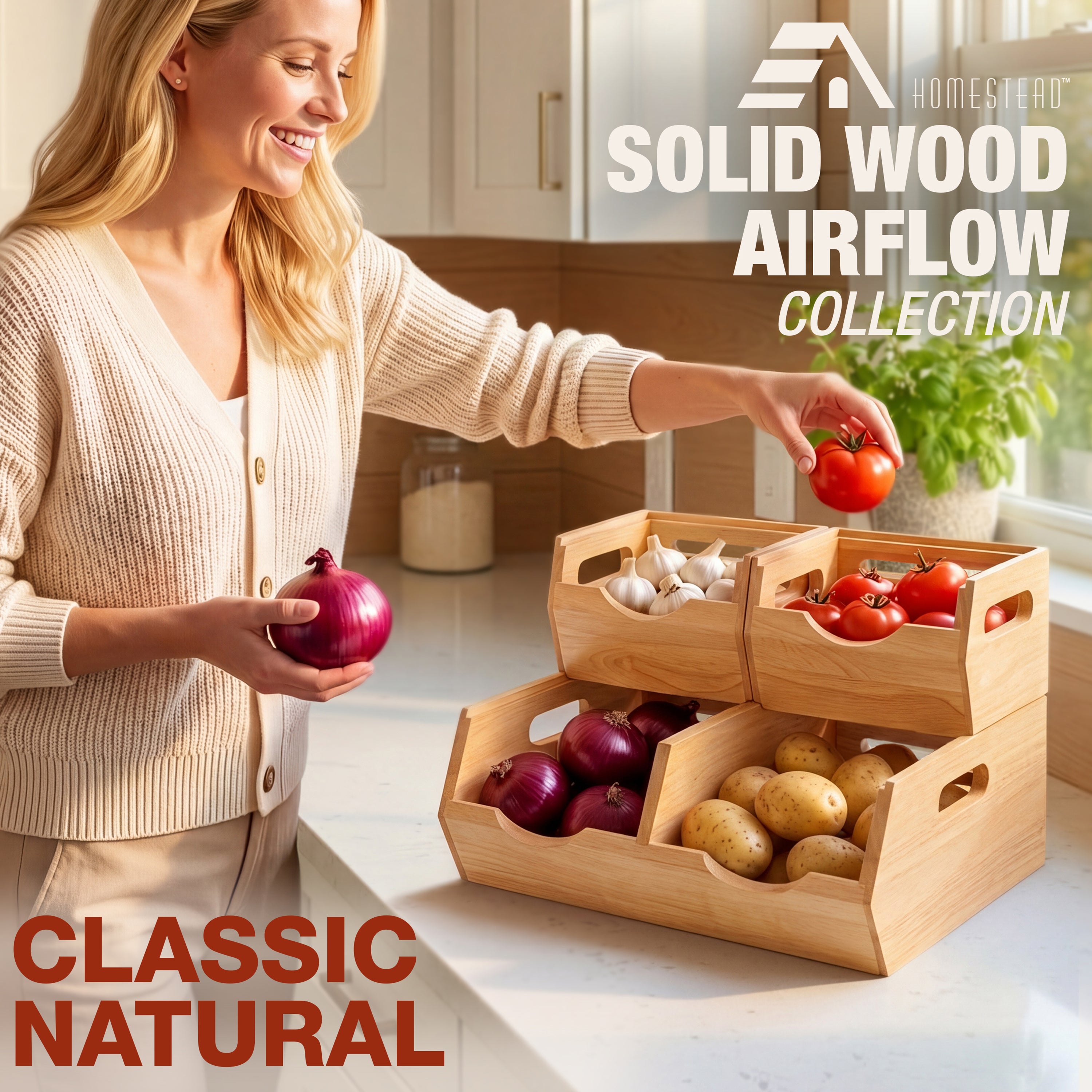 HOMESTEAD Stackable Solid Wood Storage Bins for Pantry & Countertop