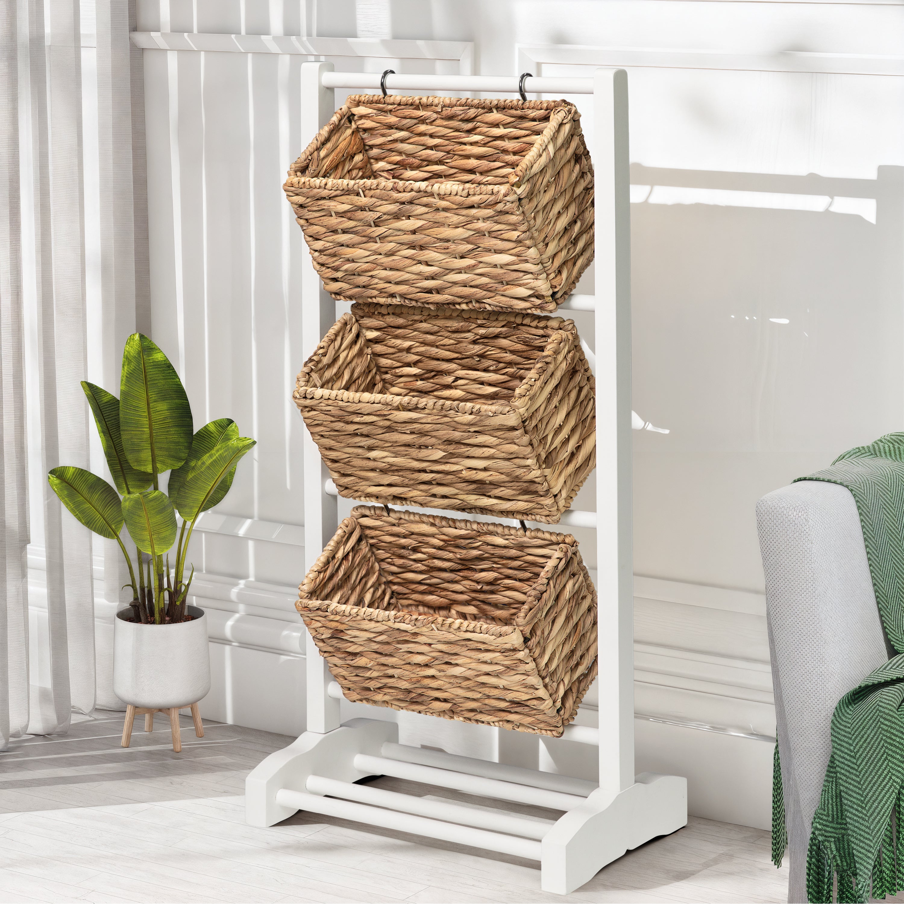 HOMESTEAD 3-Tier Wooden Shelf with Water Hyacinth Woven Baskets