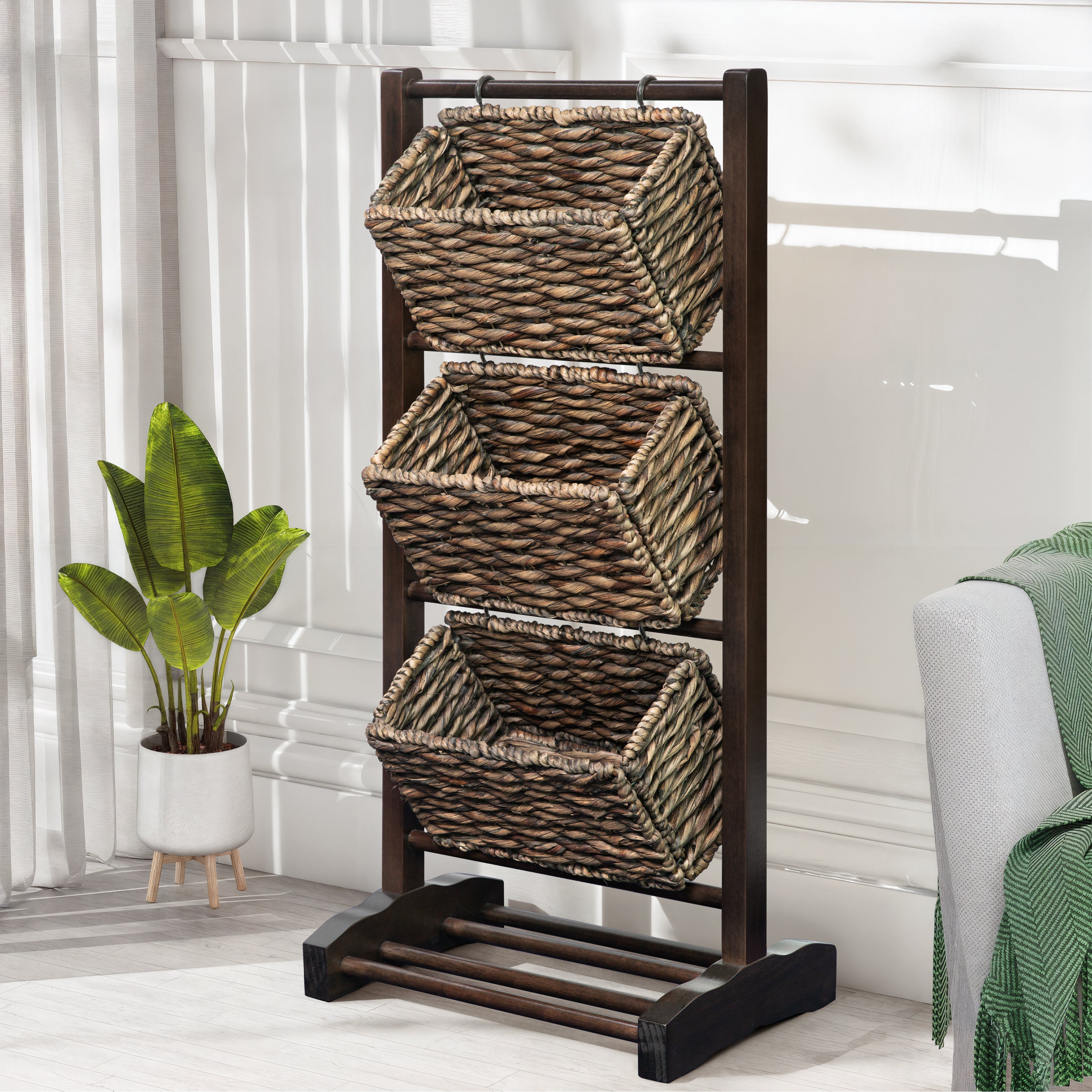 HOMESTEAD 3-Tier Wooden Shelf with Water Hyacinth Woven Baskets