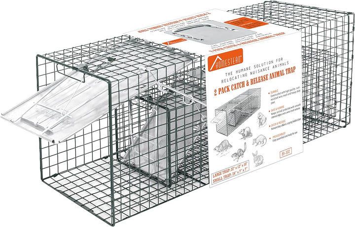 HOMESTEAD 2-Pack Live Animal Trap - Specialized for Raccoons, Opossums, Groundhogs, Skunks, Feral Cats, Squirrels - Heavy Duty Steel Traps, 1-Door, Green, Humane Catch & Release Animal Trap