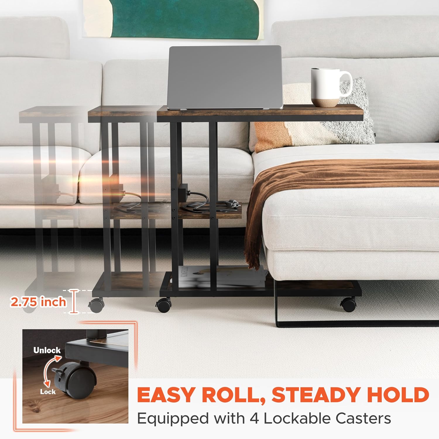 HOMESTEAD C Shaped End Table with Charging Station, USB C & A Ports, 2 Outlets, Rolling Side Table with Wheels for Couch, Living Room, Bedroom - 23.6" L x 11.8" W x 24.8" H