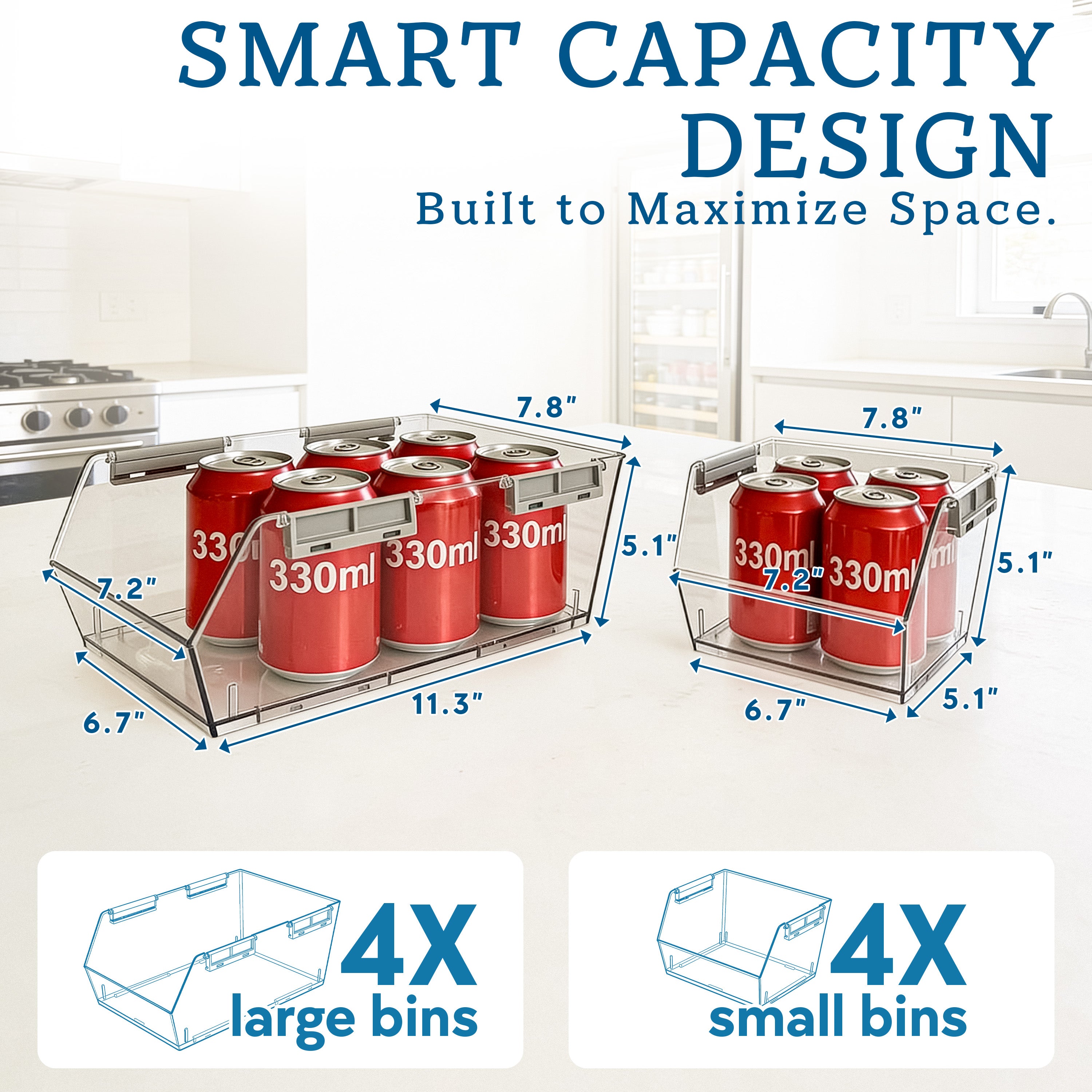 HOMESTEAD Set of 8 Stackable Storage Bins, 4 Large + 4 Small Clear Plastic Organizer Bins