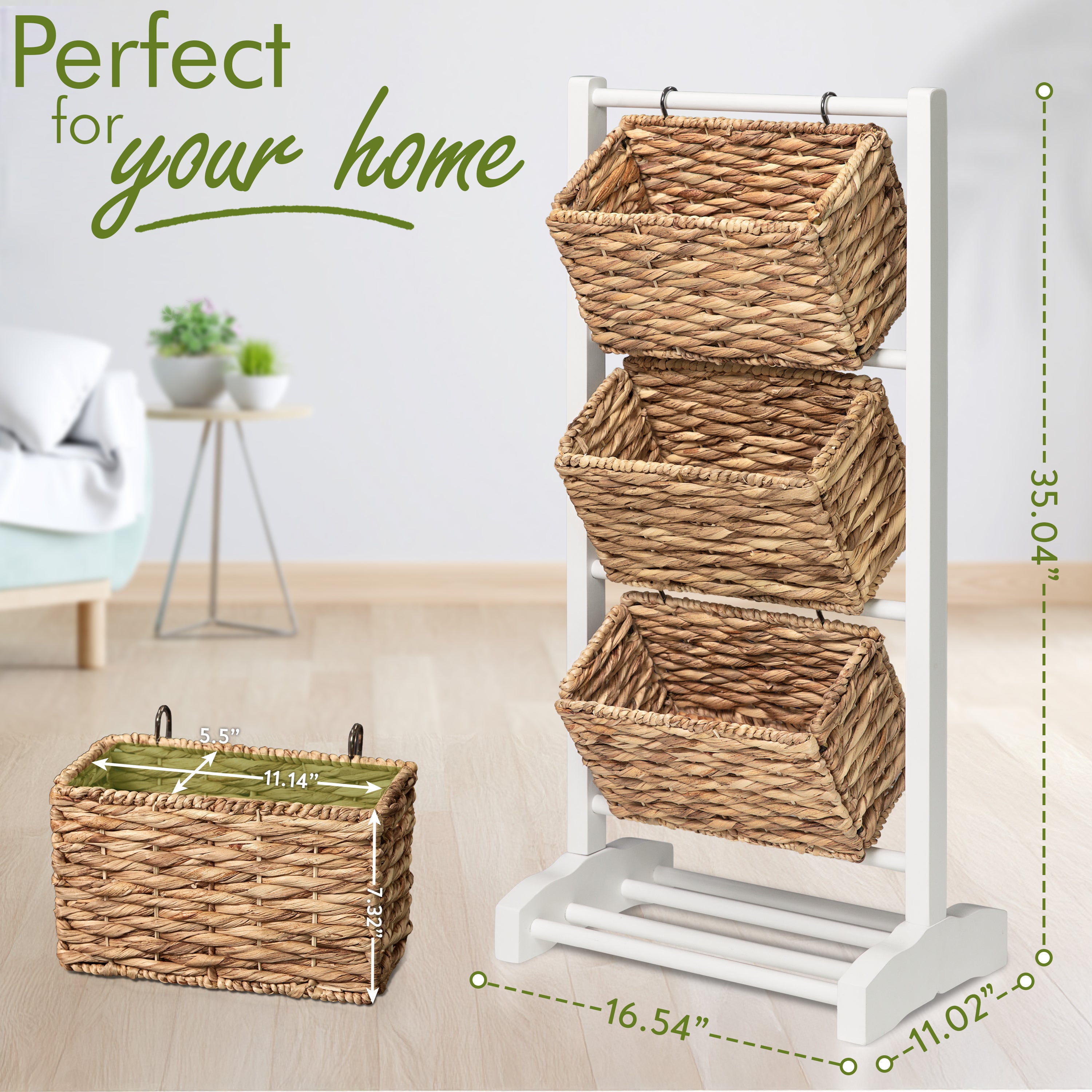 HOMESTEAD 3-Tier Wooden Shelf with Water Hyacinth Woven Baskets