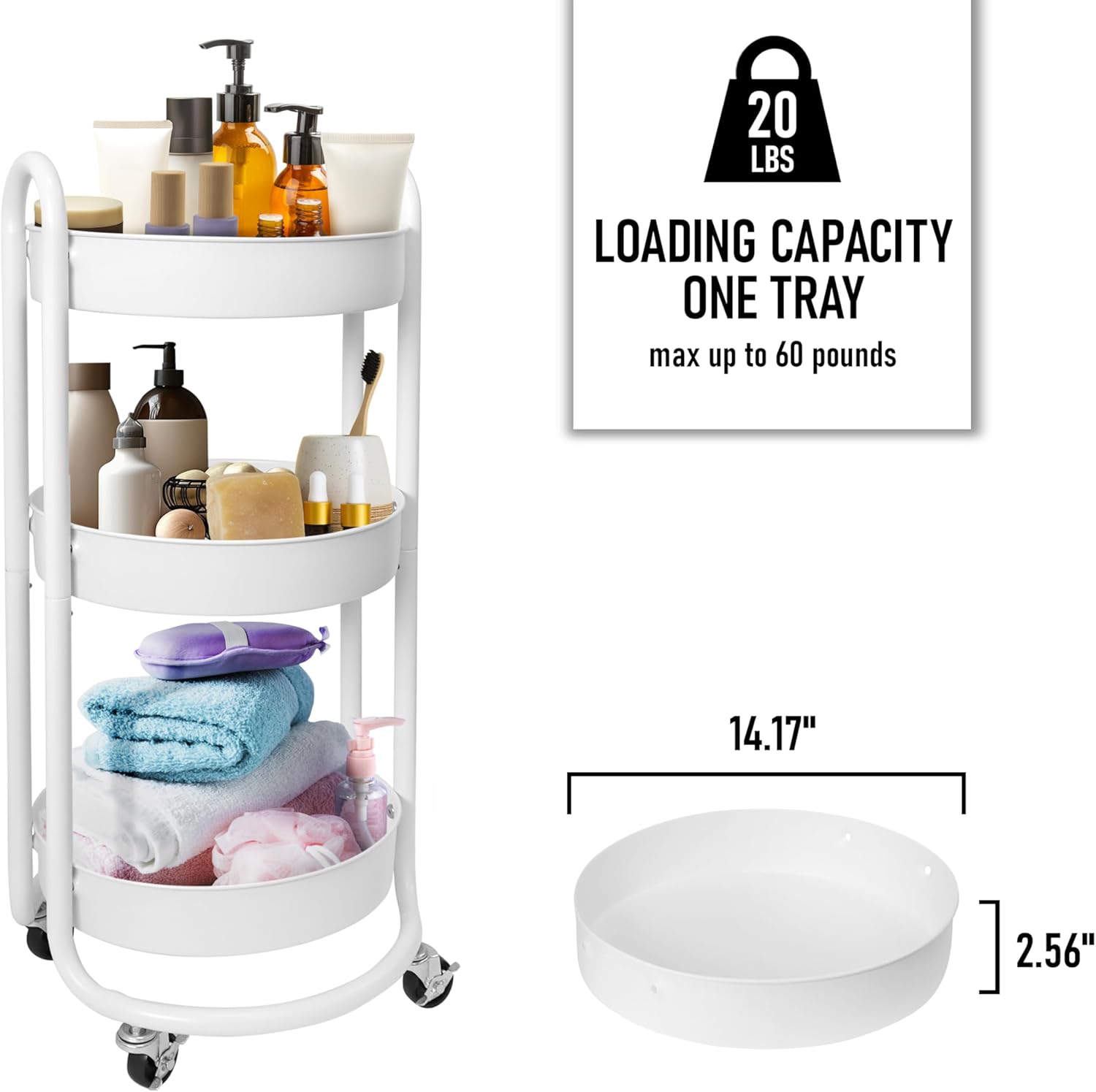 HOMESTEAD 3-Tier Round Rolling Cart - White