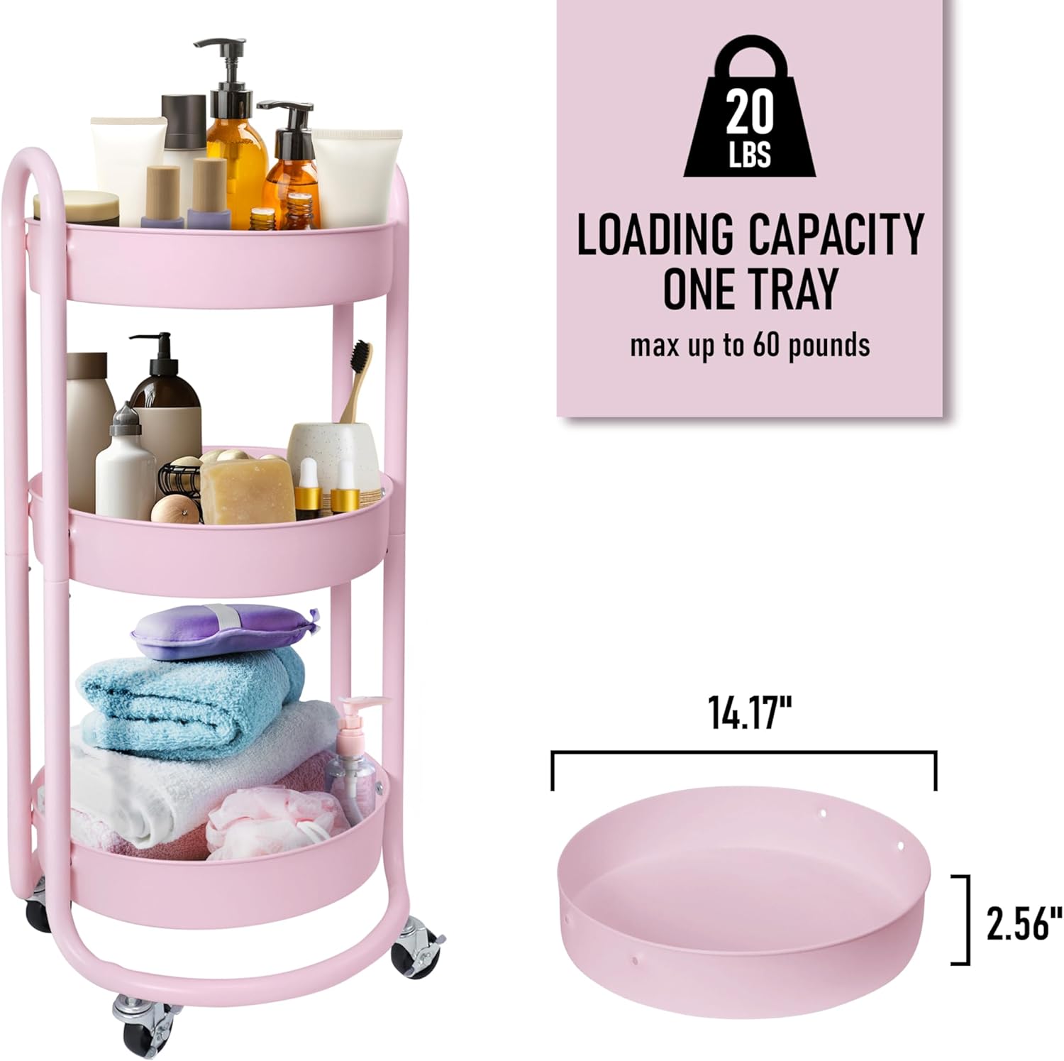 HOMESTEAD 3-Tier Round Rolling Cart - Pink