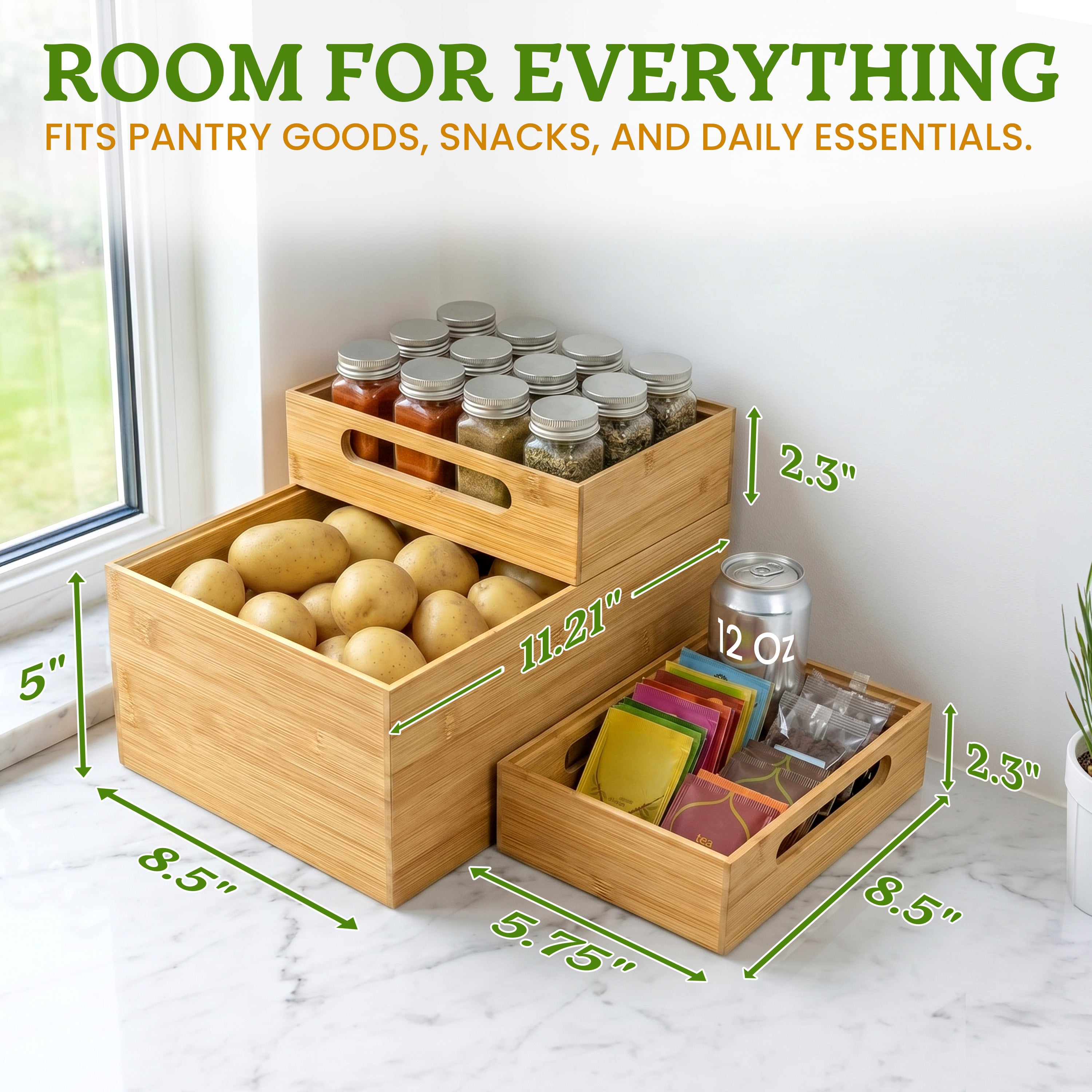 HOMESTEAD 3-Piece Stackable Bamboo Storage Box, Large Storage Bin, Wooden Boxes for Makeup Drawer Organizer Bathroom, Office Supplies, Kitchen Utensils, Bamboo Storage Containers,