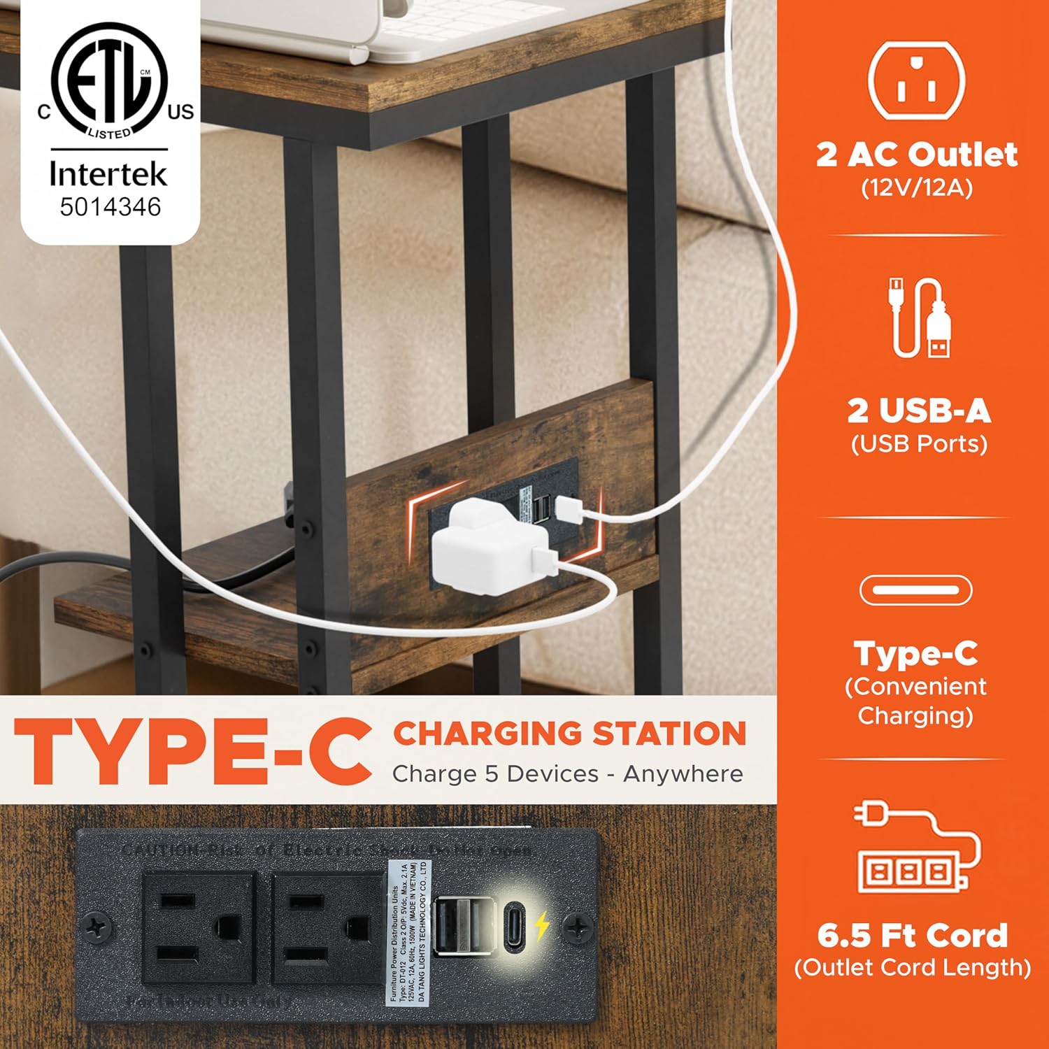 HOMESTEAD C Shaped End Table with Charging Station, USB C & A Ports, 2 Outlets, Rolling Side Table with Wheels for Couch, Living Room, Bedroom - 23.6" L x 11.8" W x 24.8" H