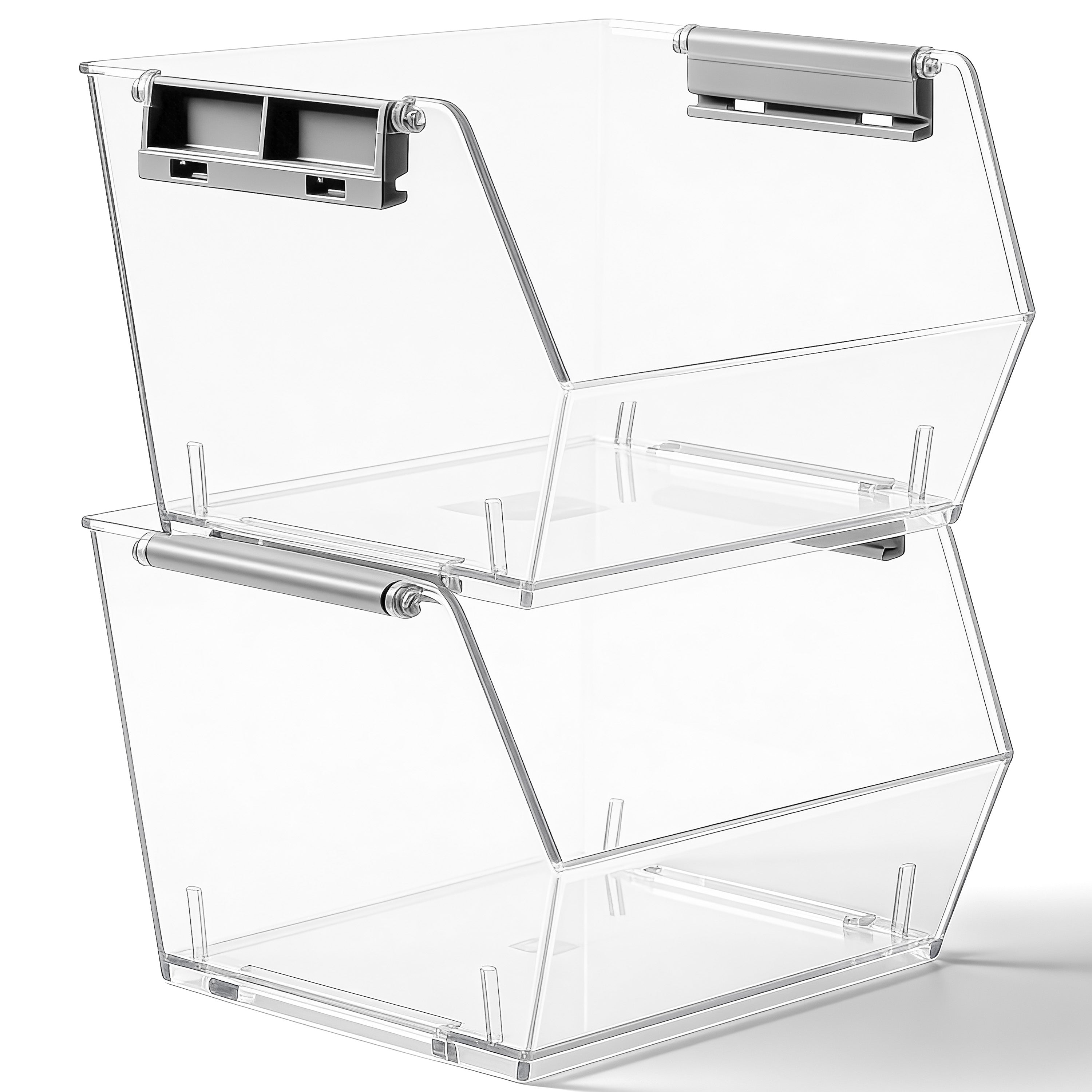 HOMESTEAD Set of 2 Stackable Storage Bins, Clear Plastic Organizer Bins, Open Front Design for Kitchen Pantry, Fridge, Cabinet, Bathroom and Snack Organization