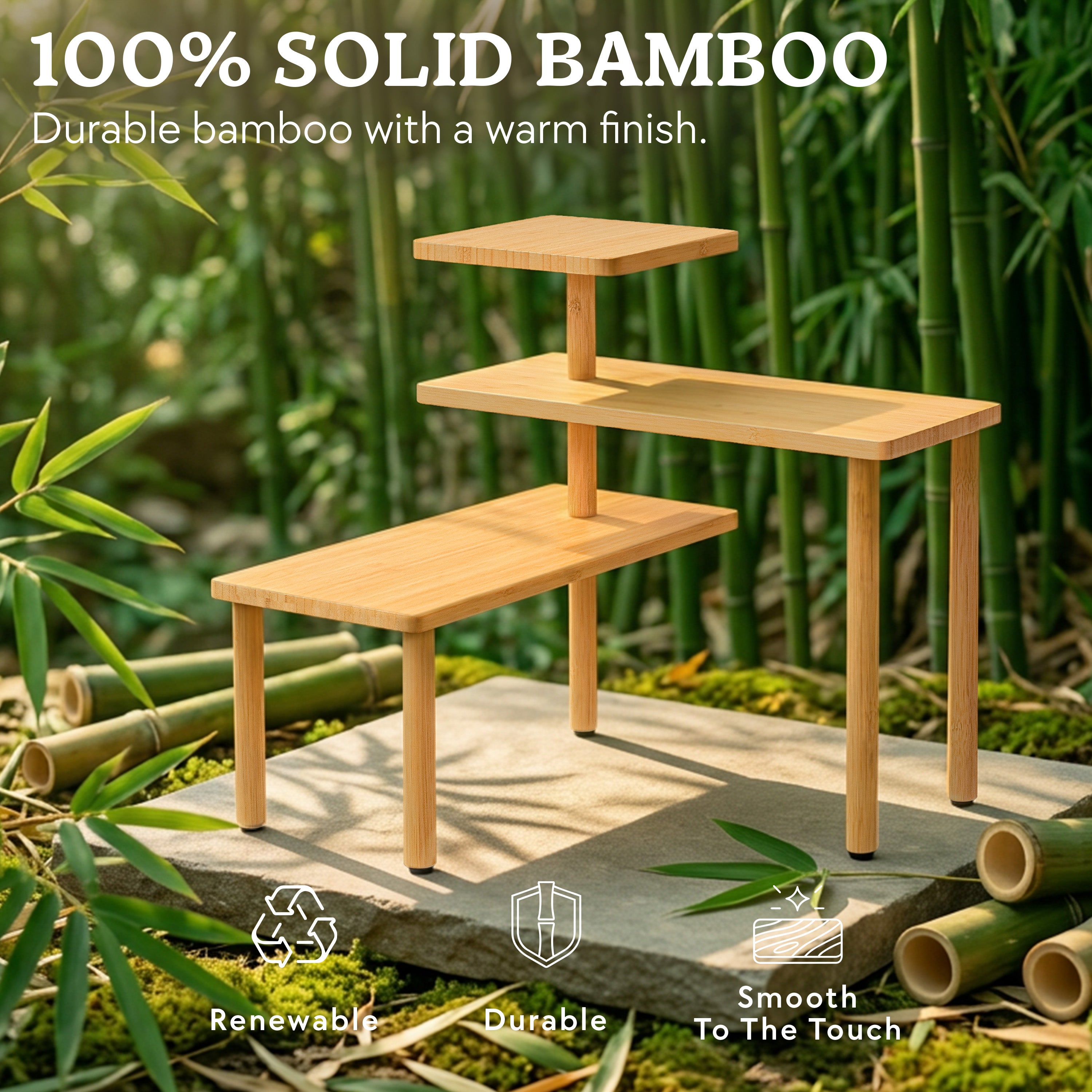 HOMESTEAD 3-Tier Bamboo Corner Shelf Organizer, 90° or 180° Layout Countertop Organizer for Kitchen, Bathroom, Coffee Bar, Spice Rack, Space Saving Storage Shelves, Adjustable Leveling Feet