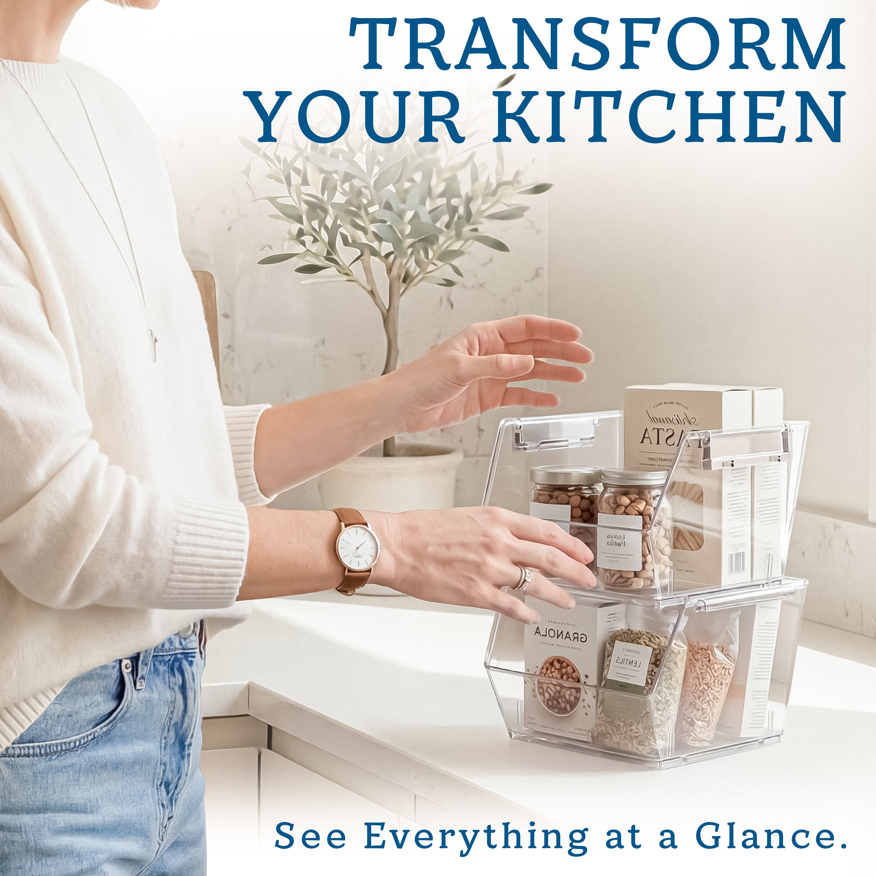 HOMESTEAD Set of 2 Stackable Storage Bins, Clear Plastic Organizer Bins, Open Front Design for Kitchen Pantry, Fridge, Cabinet, Bathroom and Snack Organization