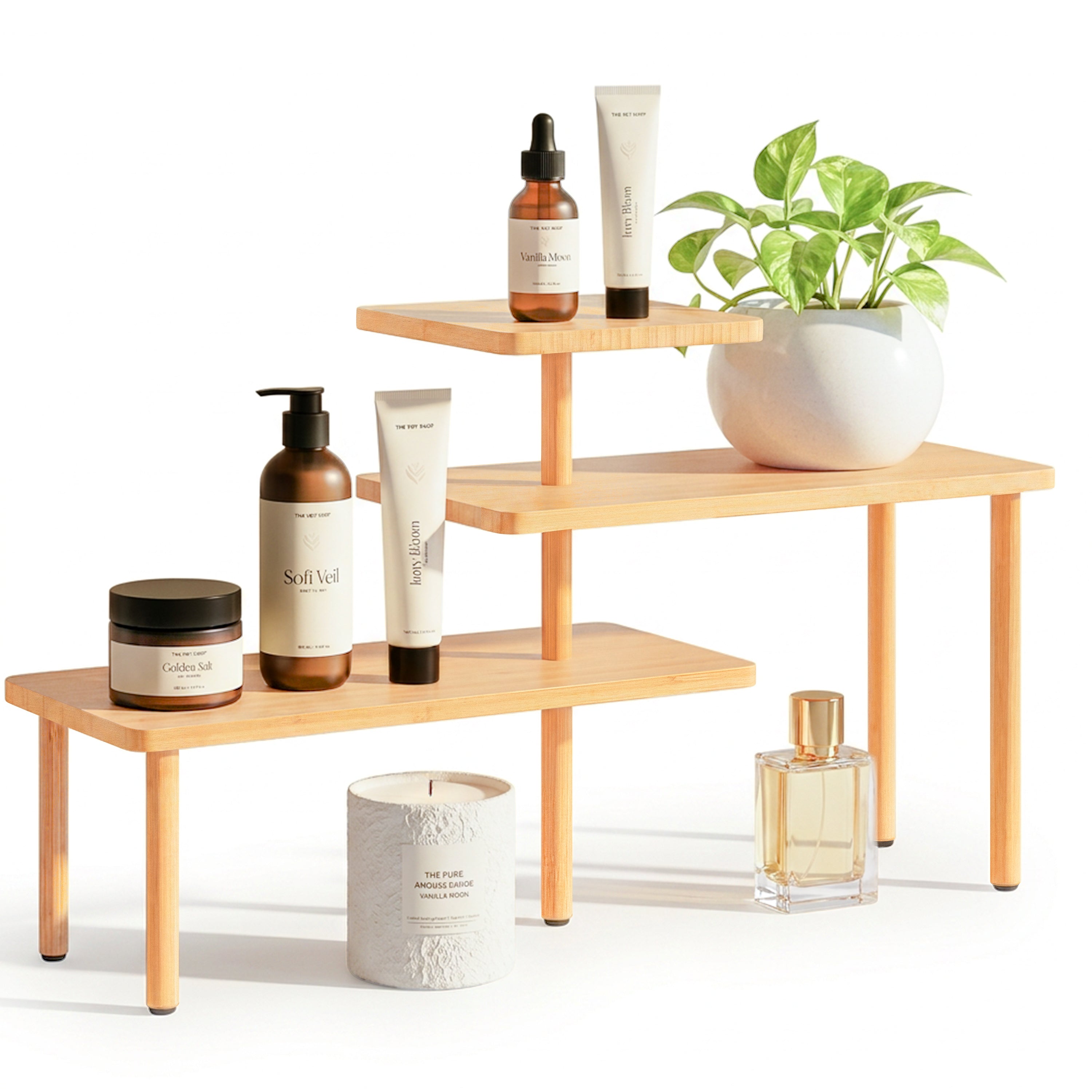 HOMESTEAD 3-Tier Bamboo Corner Shelf Organizer, 90° or 180° Layout Countertop Organizer for Kitchen, Bathroom, Coffee Bar, Spice Rack, Space Saving Storage Shelves, Adjustable Leveling Feet
