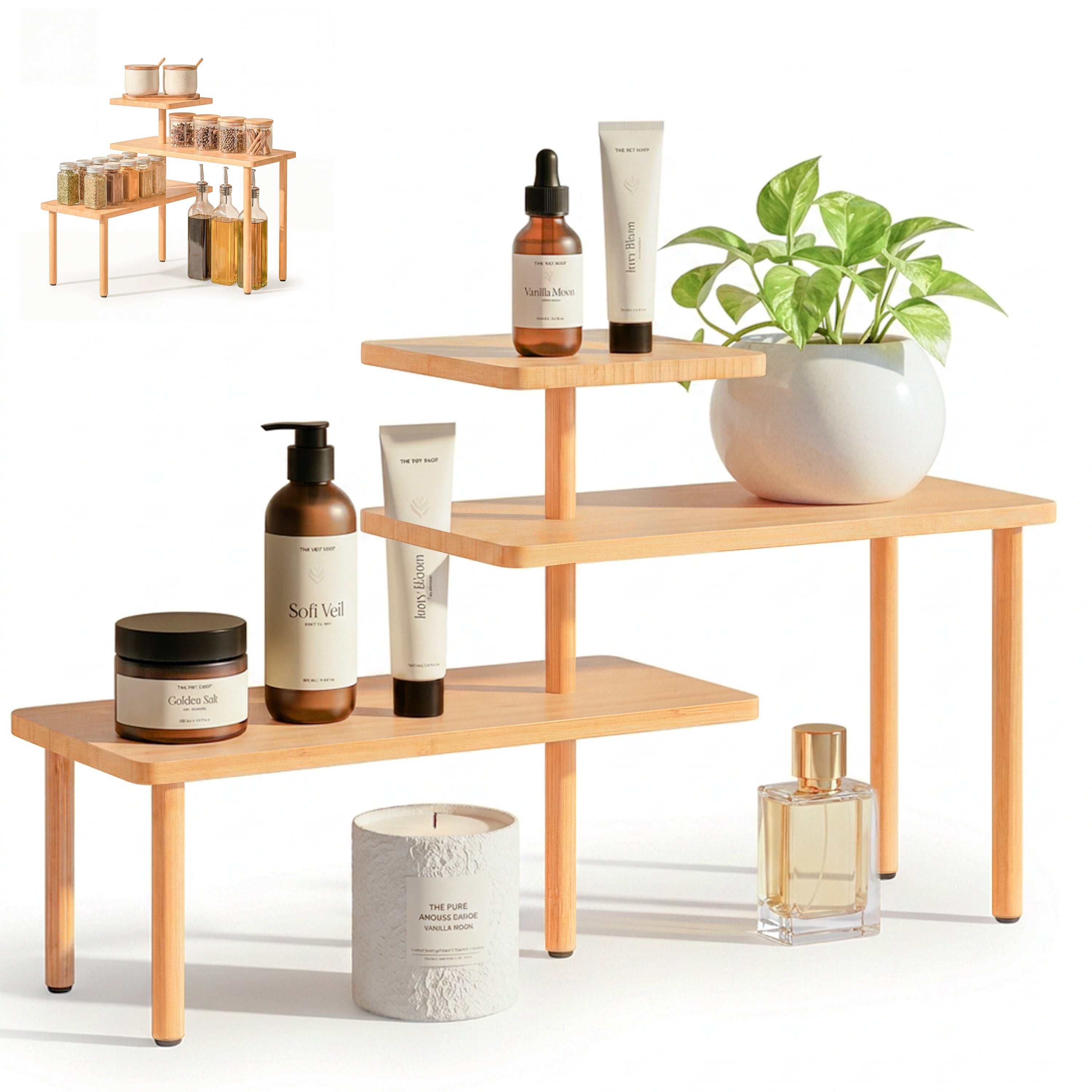 HOMESTEAD 3-Tier Bamboo Corner Shelf Organizer, 90° or 180° Layout Countertop Organizer for Kitchen, Bathroom, Coffee Bar, Spice Rack, Space Saving Storage Shelves, Adjustable Leveling Feet