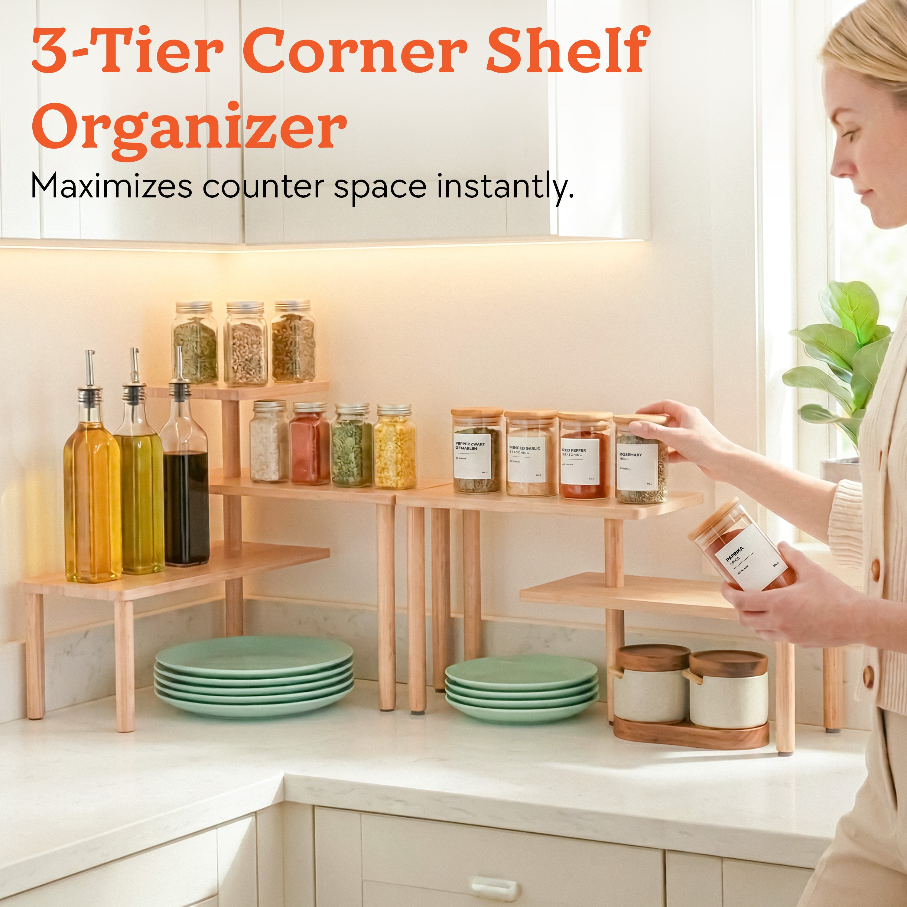 HOMESTEAD 3-Tier Bamboo Corner Shelf Organizer, 90° or 180° Layout Countertop Organizer for Kitchen, Bathroom, Coffee Bar, Spice Rack, Space Saving Storage Shelves, Adjustable Leveling Feet