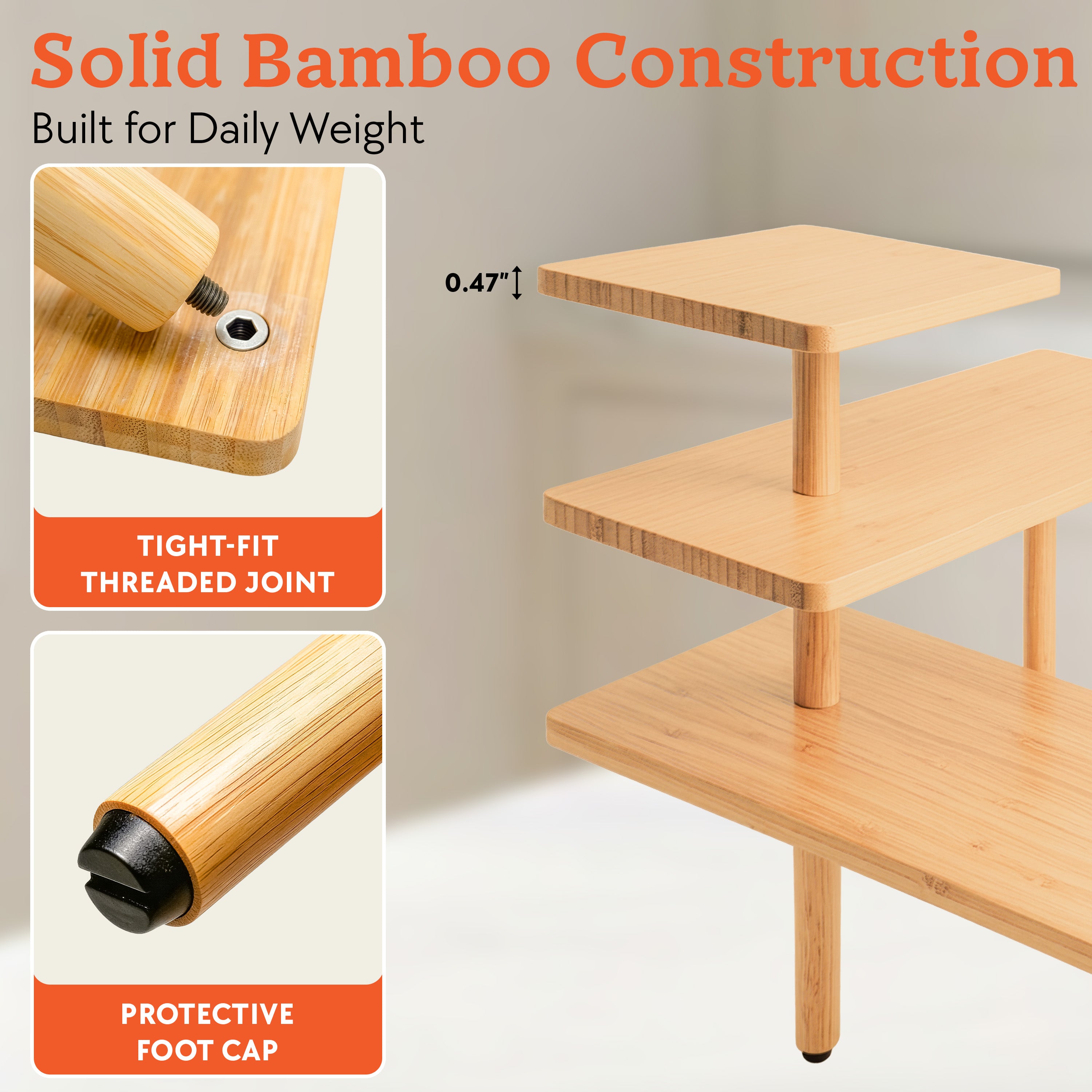 HOMESTEAD 3-Tier Bamboo Corner Shelf Organizer, 90° or 180° Layout Countertop Organizer for Kitchen, Bathroom, Coffee Bar, Spice Rack, Space Saving Storage Shelves, Adjustable Leveling Feet