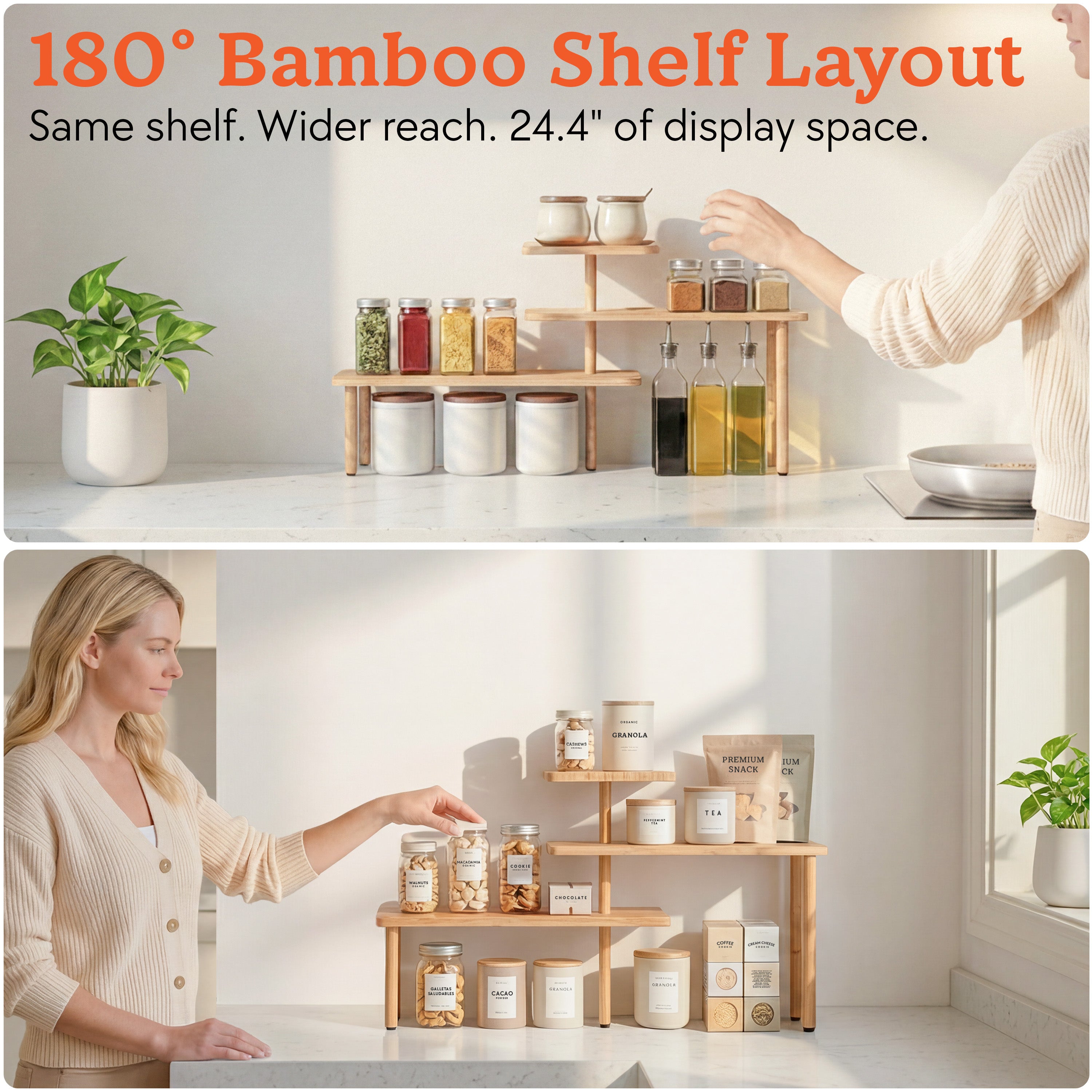 HOMESTEAD 3-Tier Bamboo Corner Shelf Organizer, 90° or 180° Layout Countertop Organizer for Kitchen, Bathroom, Coffee Bar, Spice Rack, Space Saving Storage Shelves, Adjustable Leveling Feet