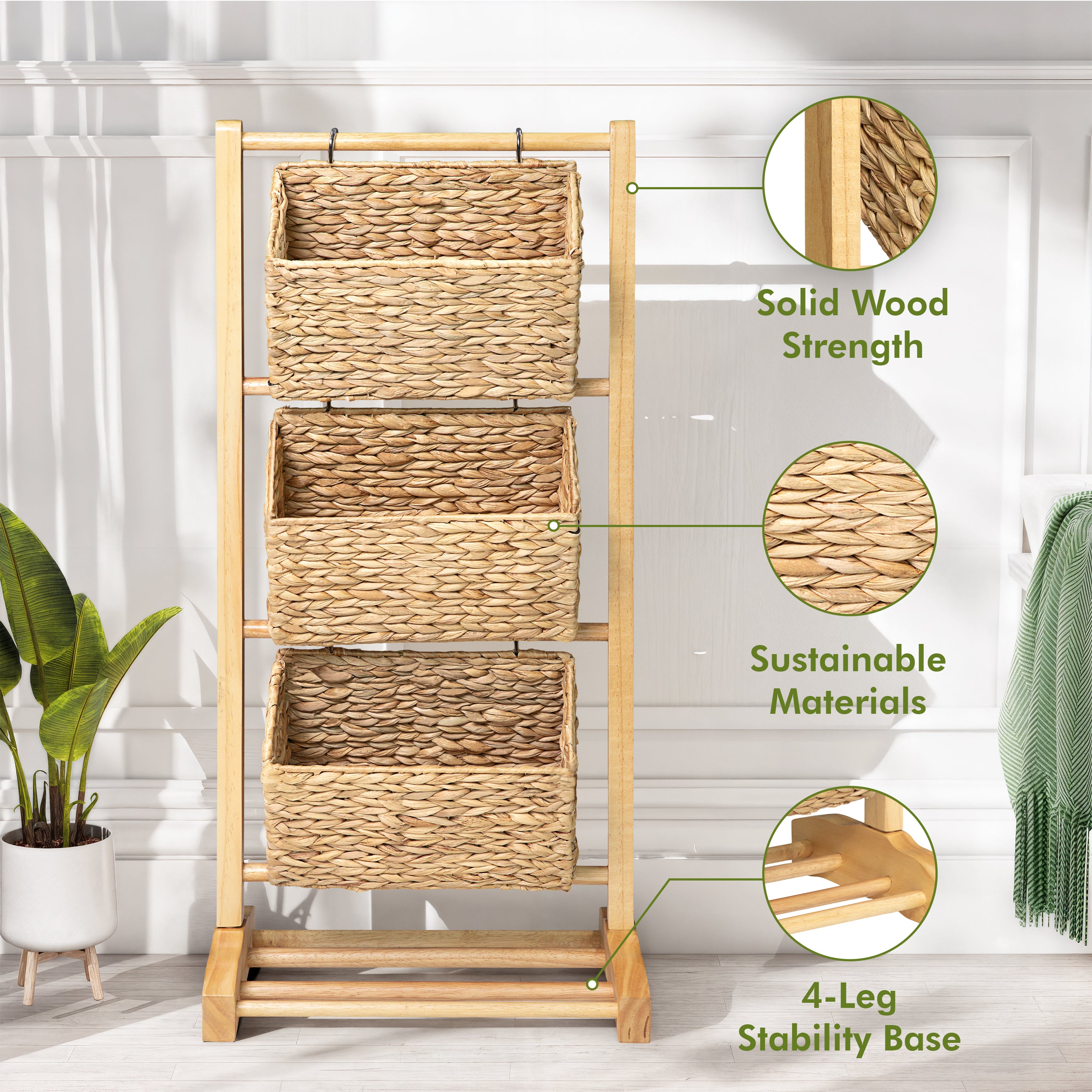 HOMESTEAD 3-Tier Wooden Shelf with Water Hyacinth Woven Baskets