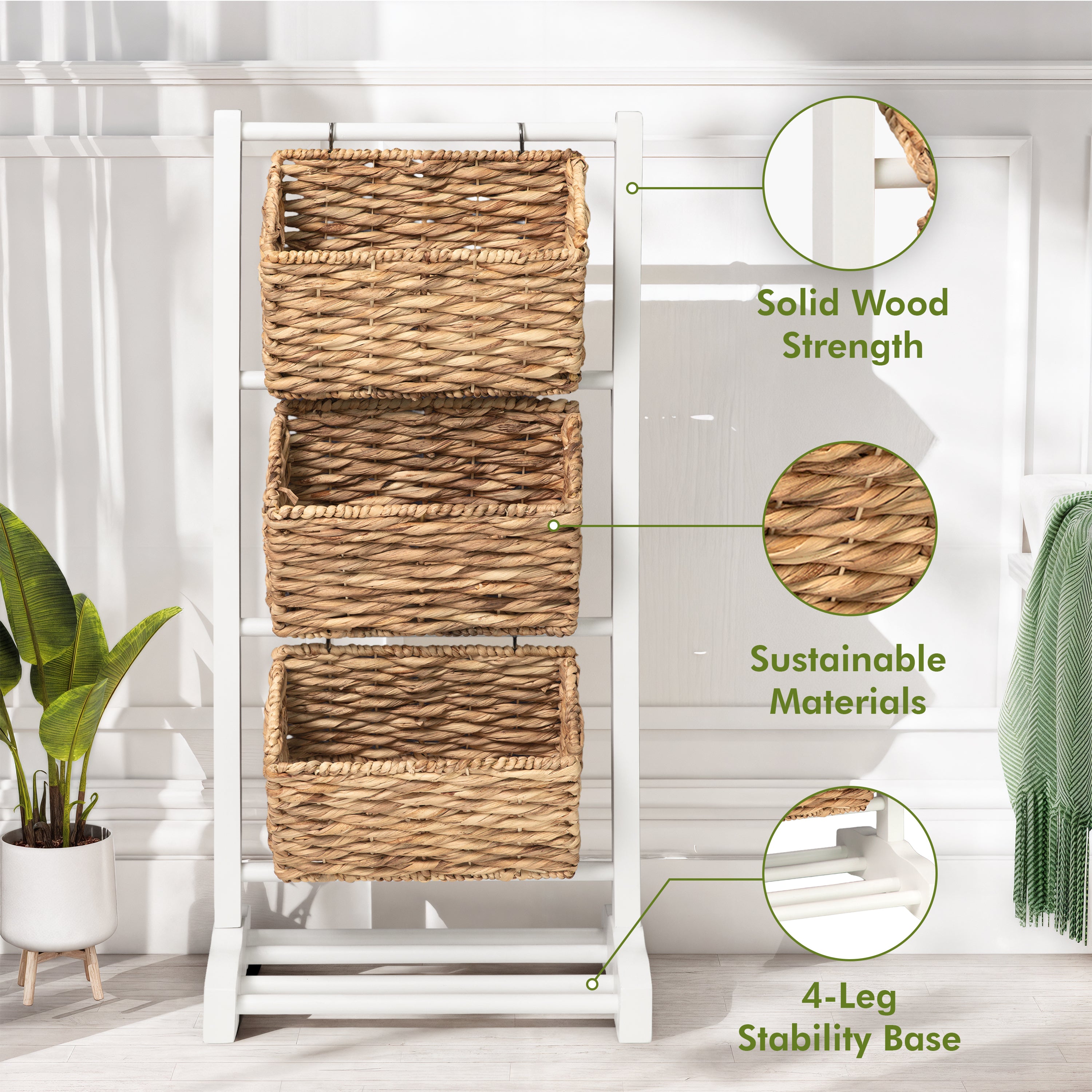 HOMESTEAD 3-Tier Wooden Shelf with Water Hyacinth Woven Baskets