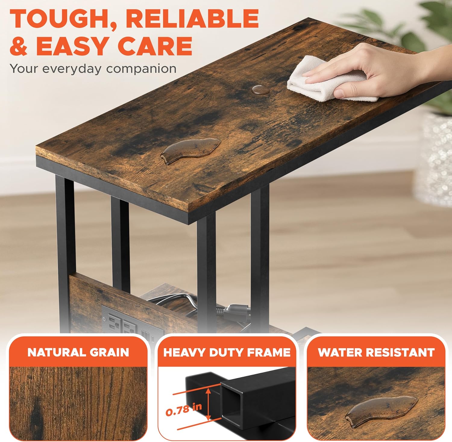 HOMESTEAD C Shaped End Table with Charging Station, USB C & A Ports, 2 Outlets, Rolling Side Table with Wheels for Couch, Living Room, Bedroom - 23.6" L x 11.8" W x 24.8" H