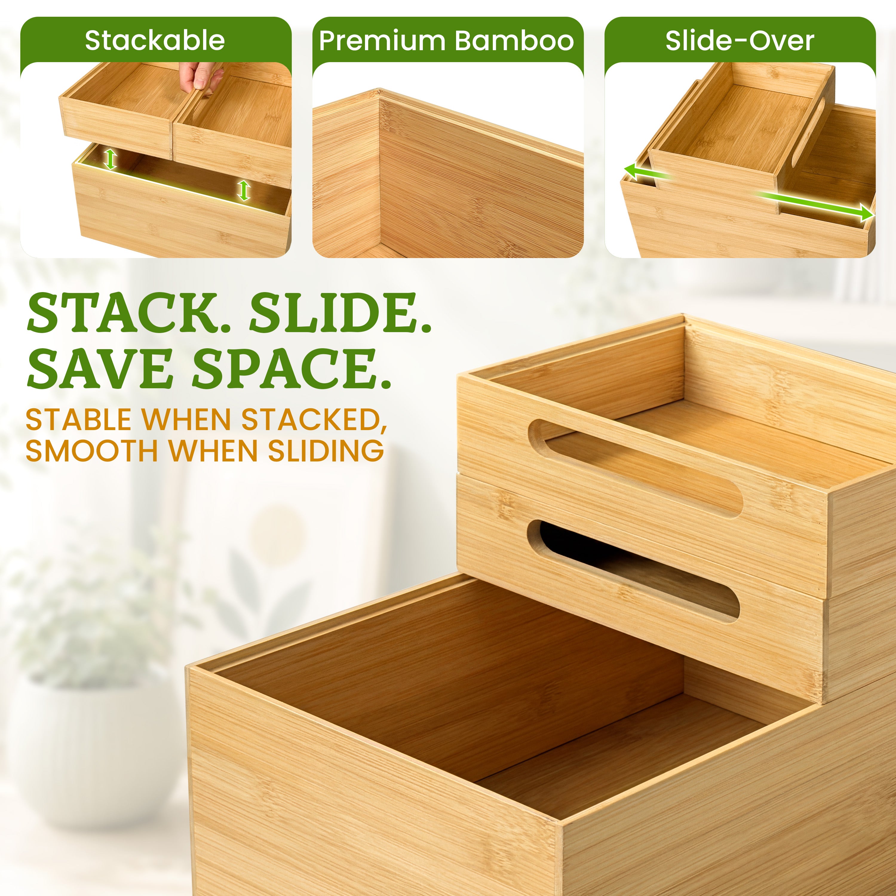 HOMESTEAD 3-Piece Stackable Bamboo Storage Box, Large Storage Bin, Wooden Boxes for Makeup Drawer Organizer Bathroom, Office Supplies, Kitchen Utensils, Bamboo Storage Containers,