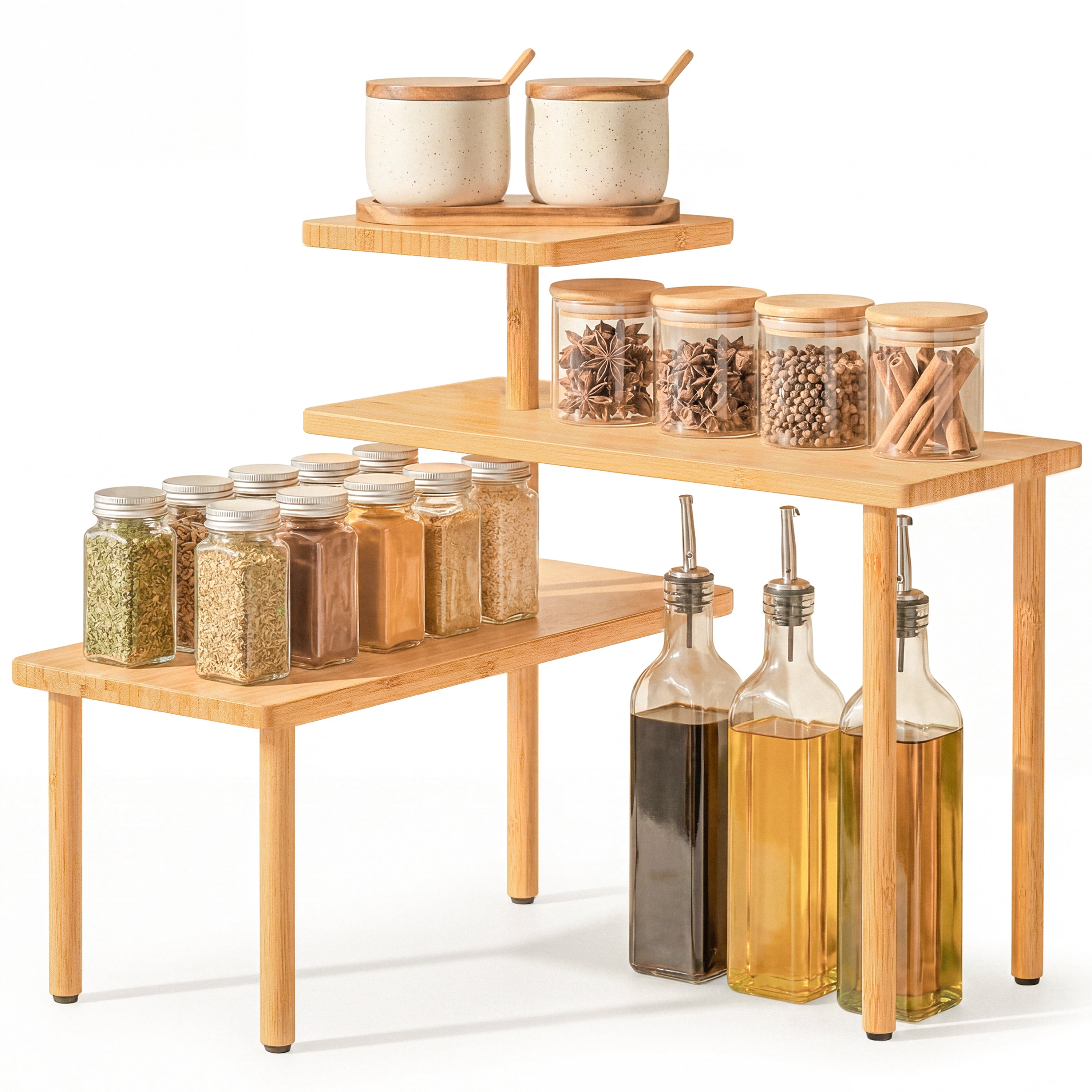 HOMESTEAD 3-Tier Bamboo Corner Shelf Organizer, 90° or 180° Layout Countertop Organizer for Kitchen, Bathroom, Coffee Bar, Spice Rack, Space Saving Storage Shelves, Adjustable Leveling Feet