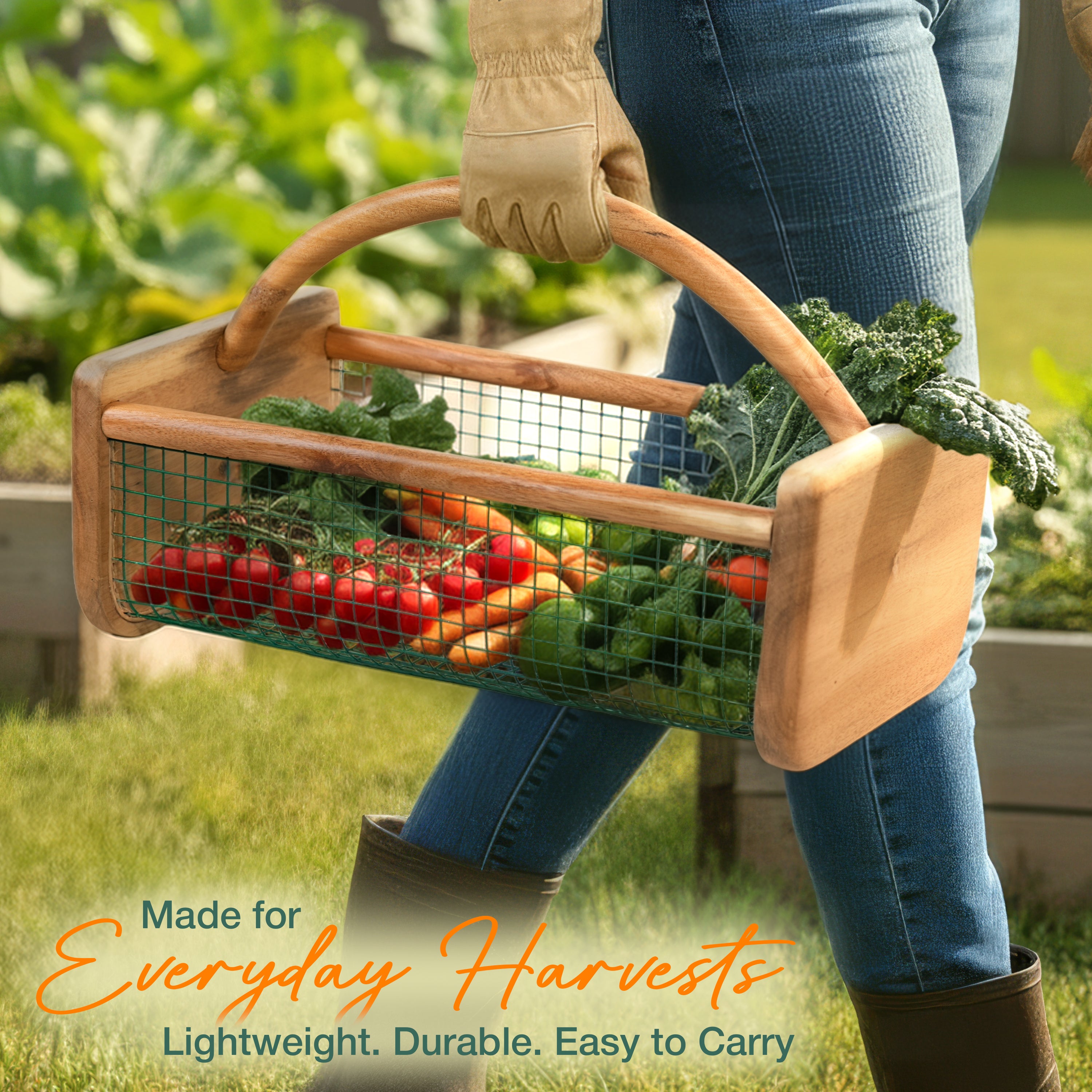 HOMESTEAD Garden Hod Harvest, Durable Acacia Wood Frame with Rotating Handle Basket