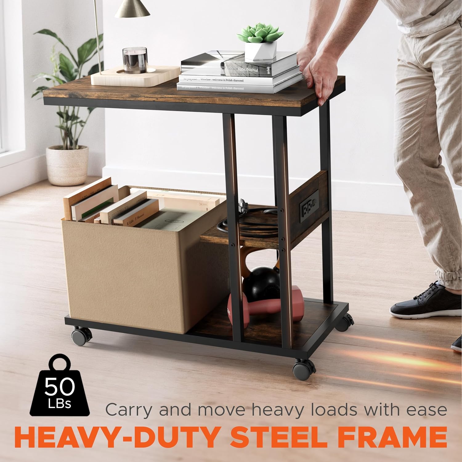 HOMESTEAD C Shaped End Table with Charging Station, USB C & A Ports, 2 Outlets, Rolling Side Table with Wheels for Couch, Living Room, Bedroom - 23.6" L x 11.8" W x 24.8" H