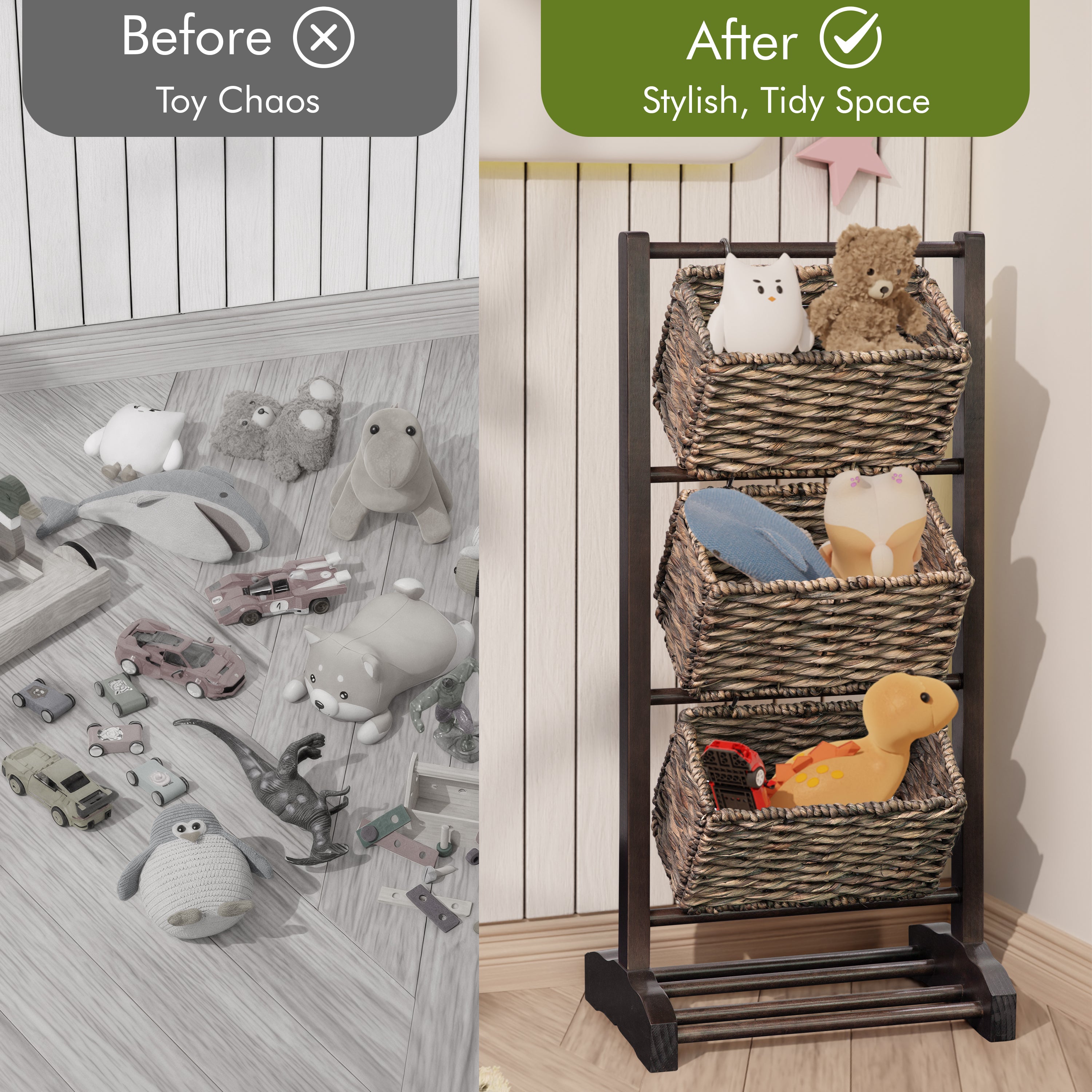 HOMESTEAD 3-Tier Wooden Shelf with Water Hyacinth Woven Baskets