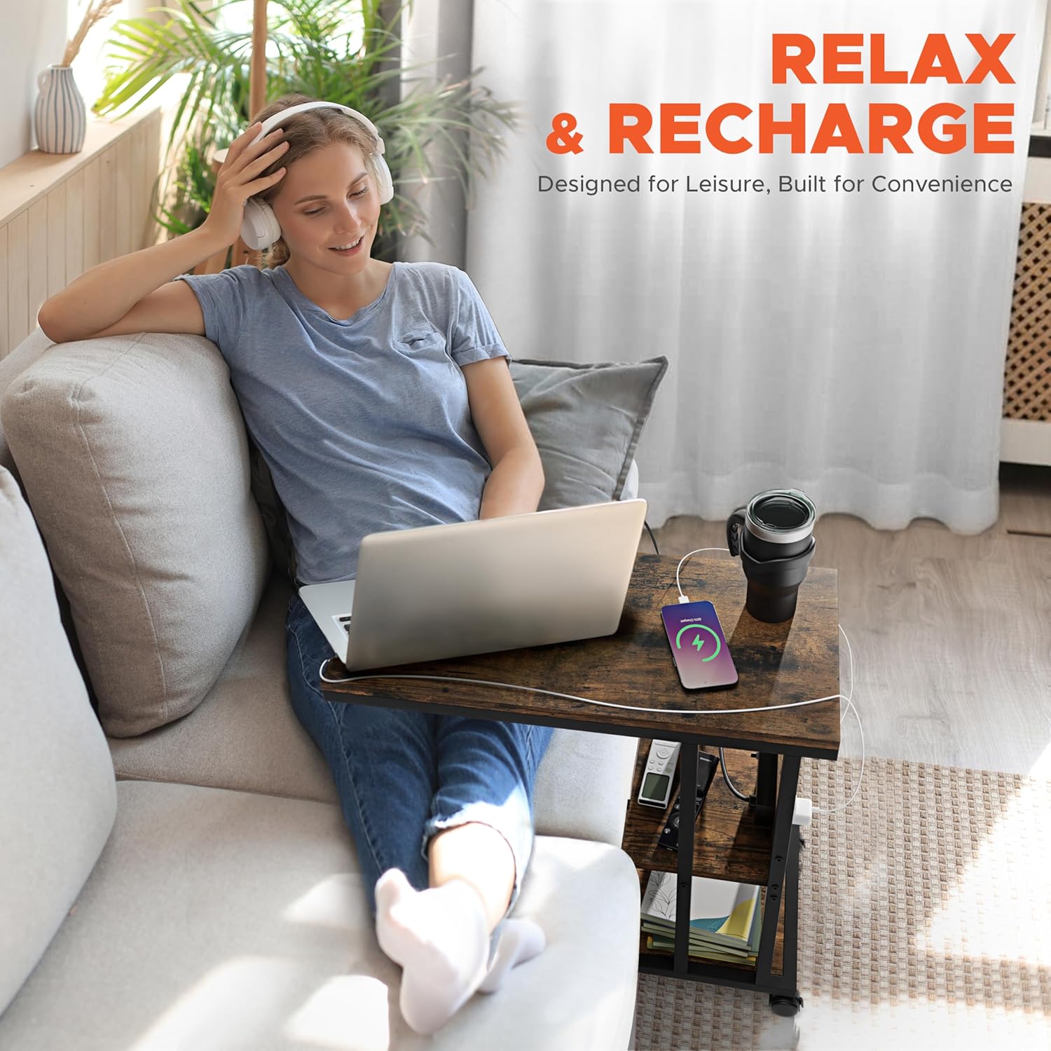 HOMESTEAD C Shaped End Table with Charging Station, USB C & A Ports, 2 Outlets, Rolling Side Table with Wheels for Couch, Living Room, Bedroom - 23.6" L x 11.8" W x 24.8" H