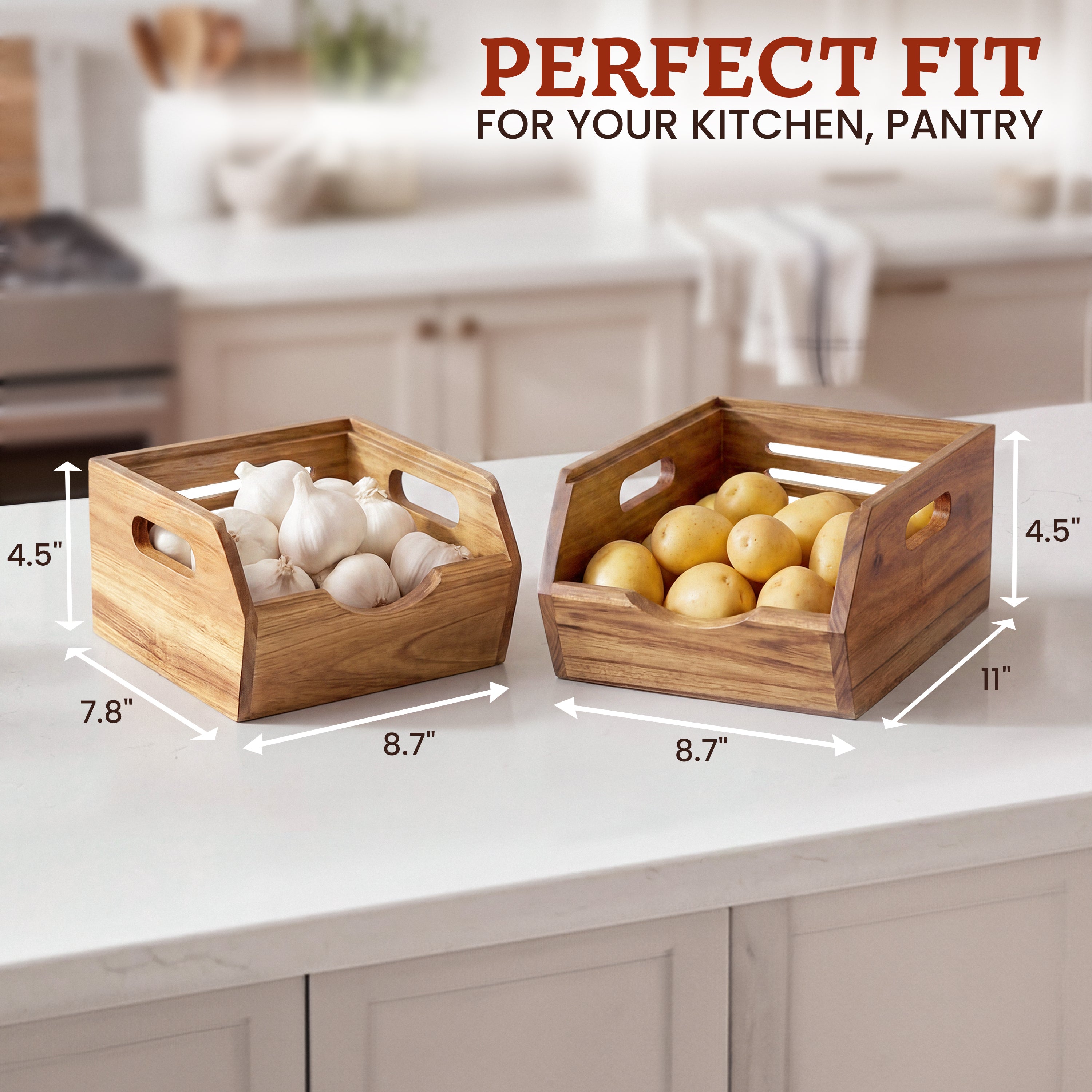 HOMESTEAD Stackable Wood Storage Bin, Ventilated Potato and Onion Storage Organizer with Handles, Wooden Pantry Organizer Bins for Fruit, Vegetables, Potatoes and Onions Storage, Natural