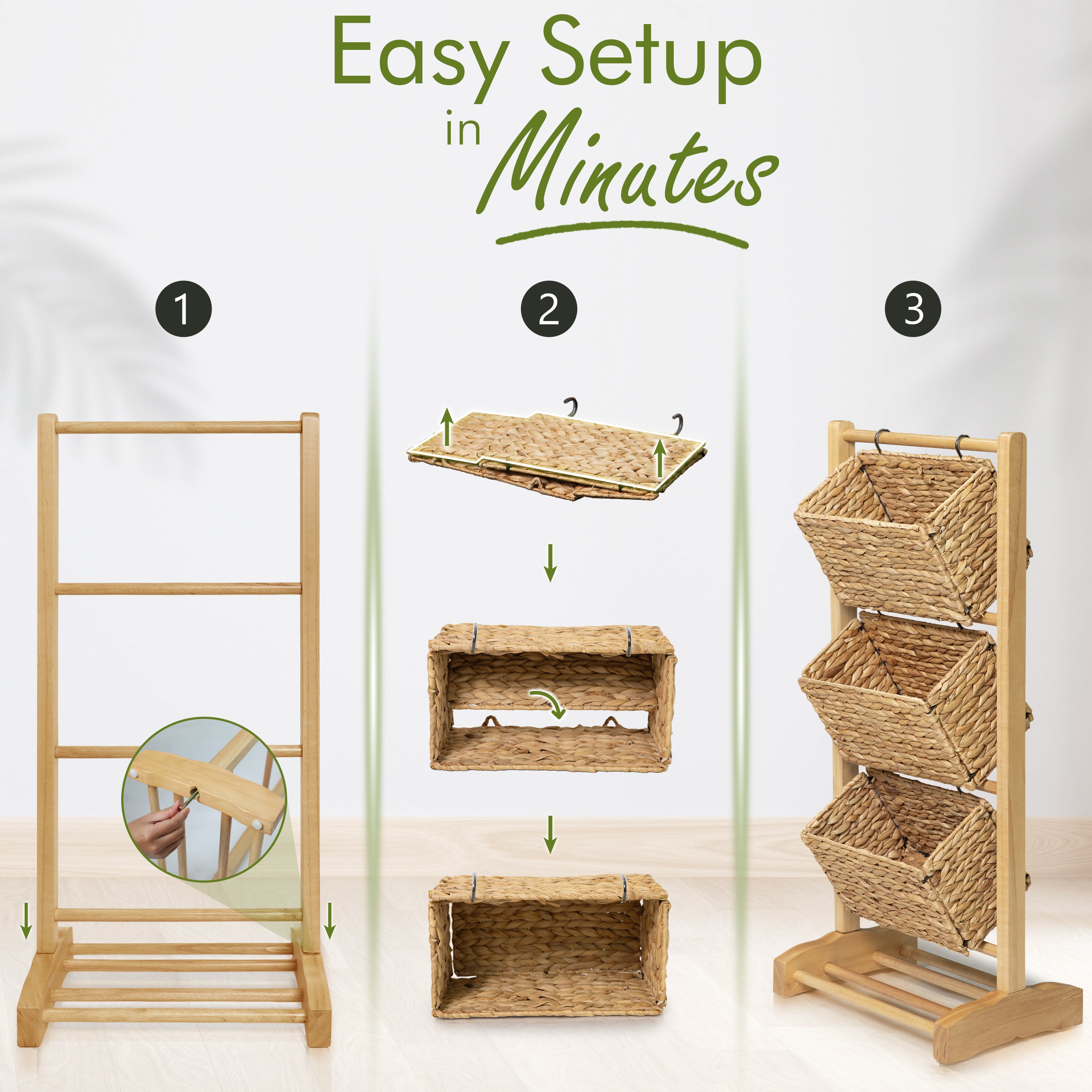 HOMESTEAD 3-Tier Wooden Shelf with Water Hyacinth Woven Baskets