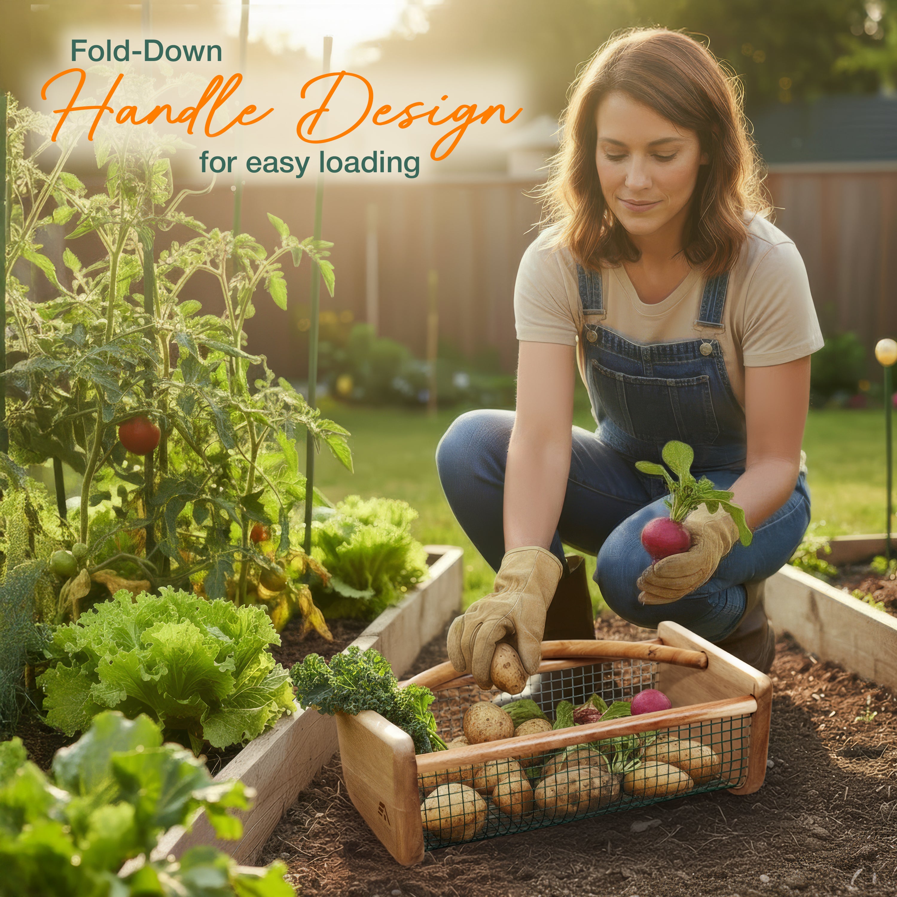 HOMESTEAD Garden Hod Harvest, Durable Acacia Wood Frame with Rotating Handle Basket
