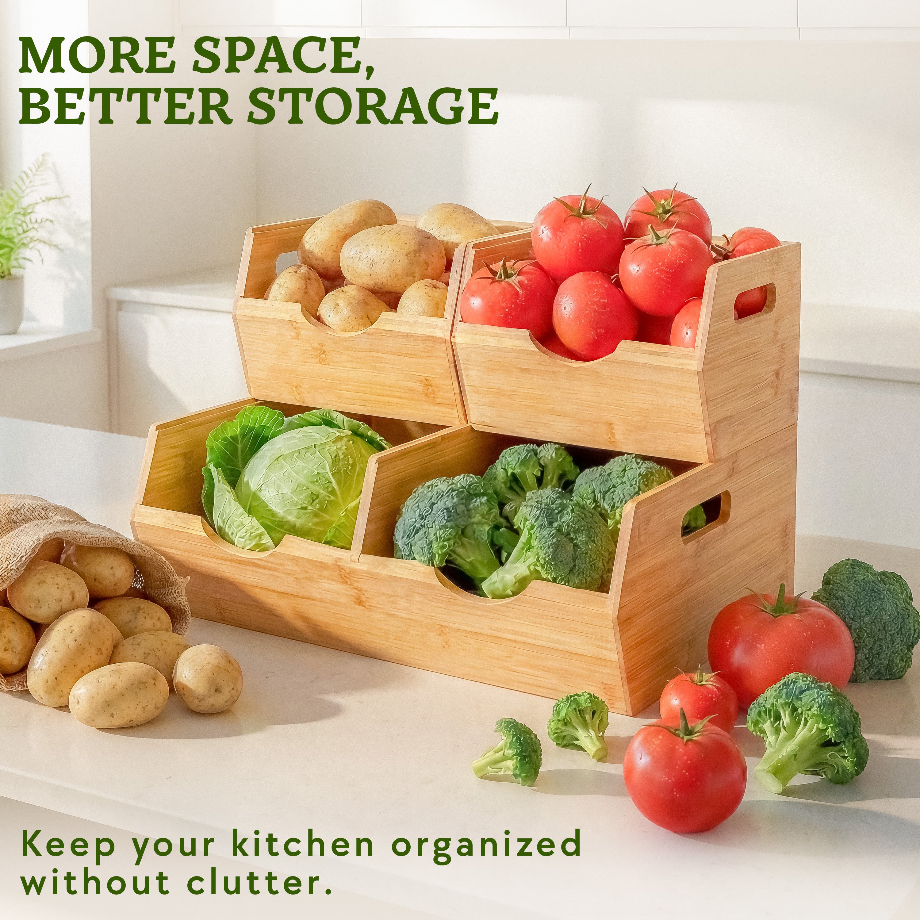 HOMESTEAD Extra Large Bamboo Pantry Storage Bins – 30% Larger, Stackable Potato Onion Storage Bin, Set of 3