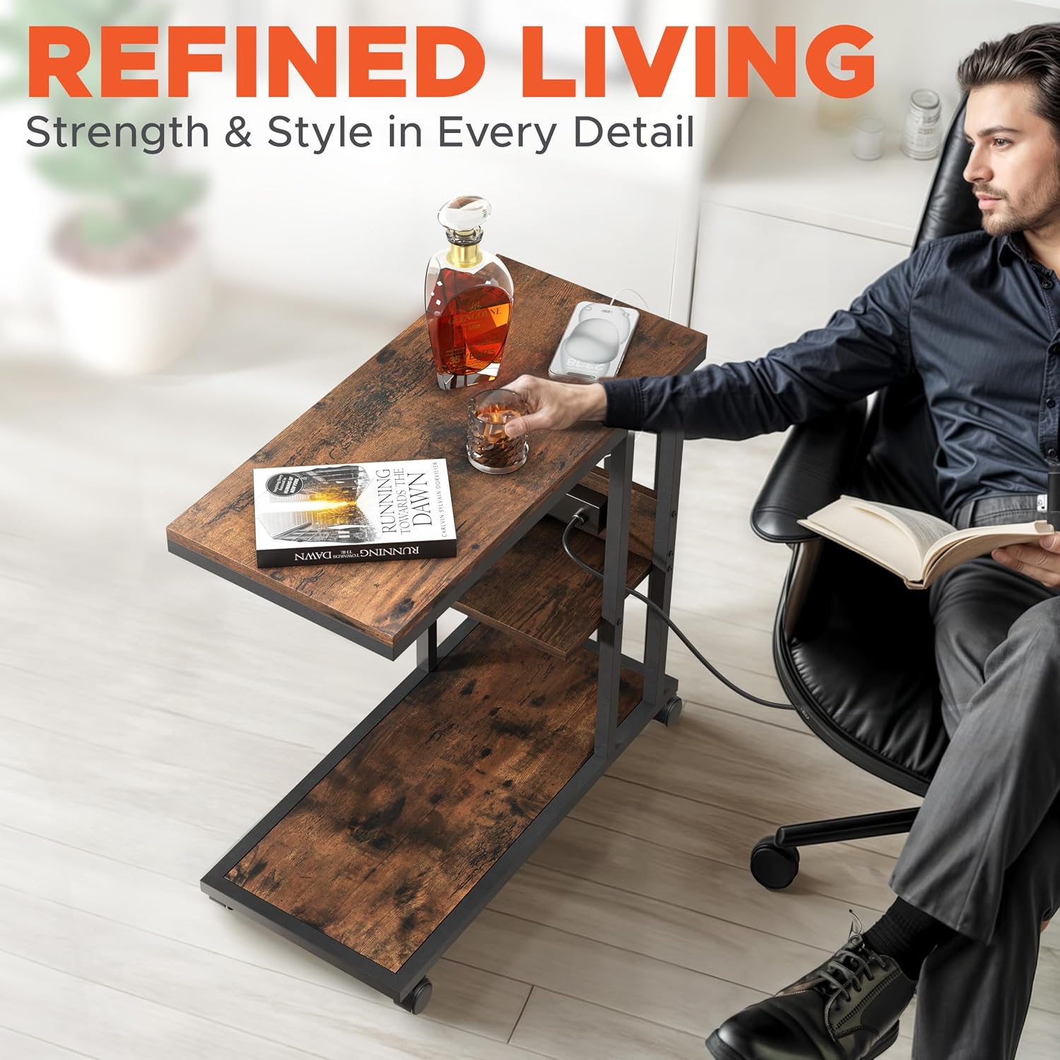 HOMESTEAD C Shaped End Table with Charging Station, USB C & A Ports, 2 Outlets, Rolling Side Table with Wheels for Couch, Living Room, Bedroom - 23.6" L x 11.8" W x 24.8" H