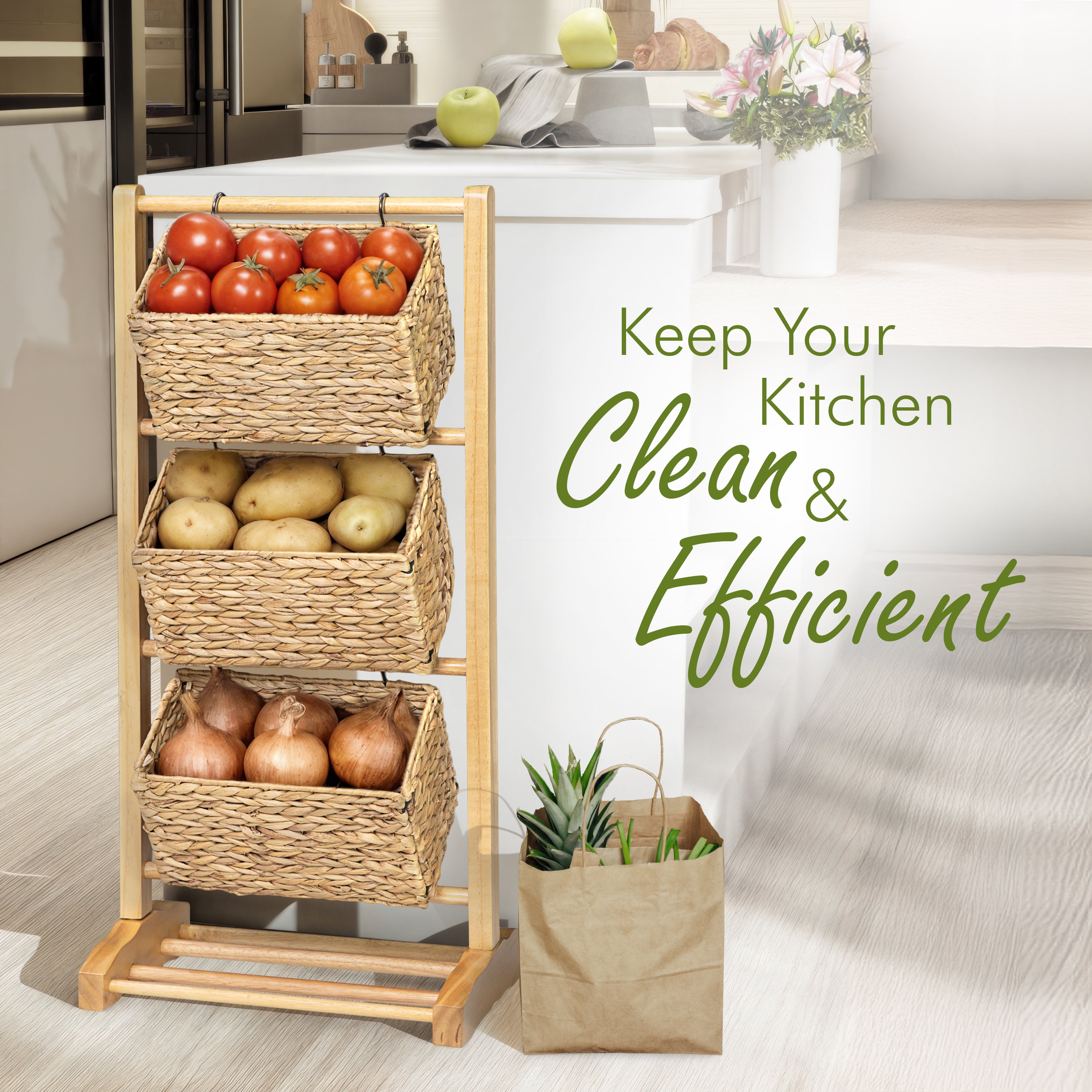 HOMESTEAD 3-Tier Wooden Shelf with Water Hyacinth Woven Baskets