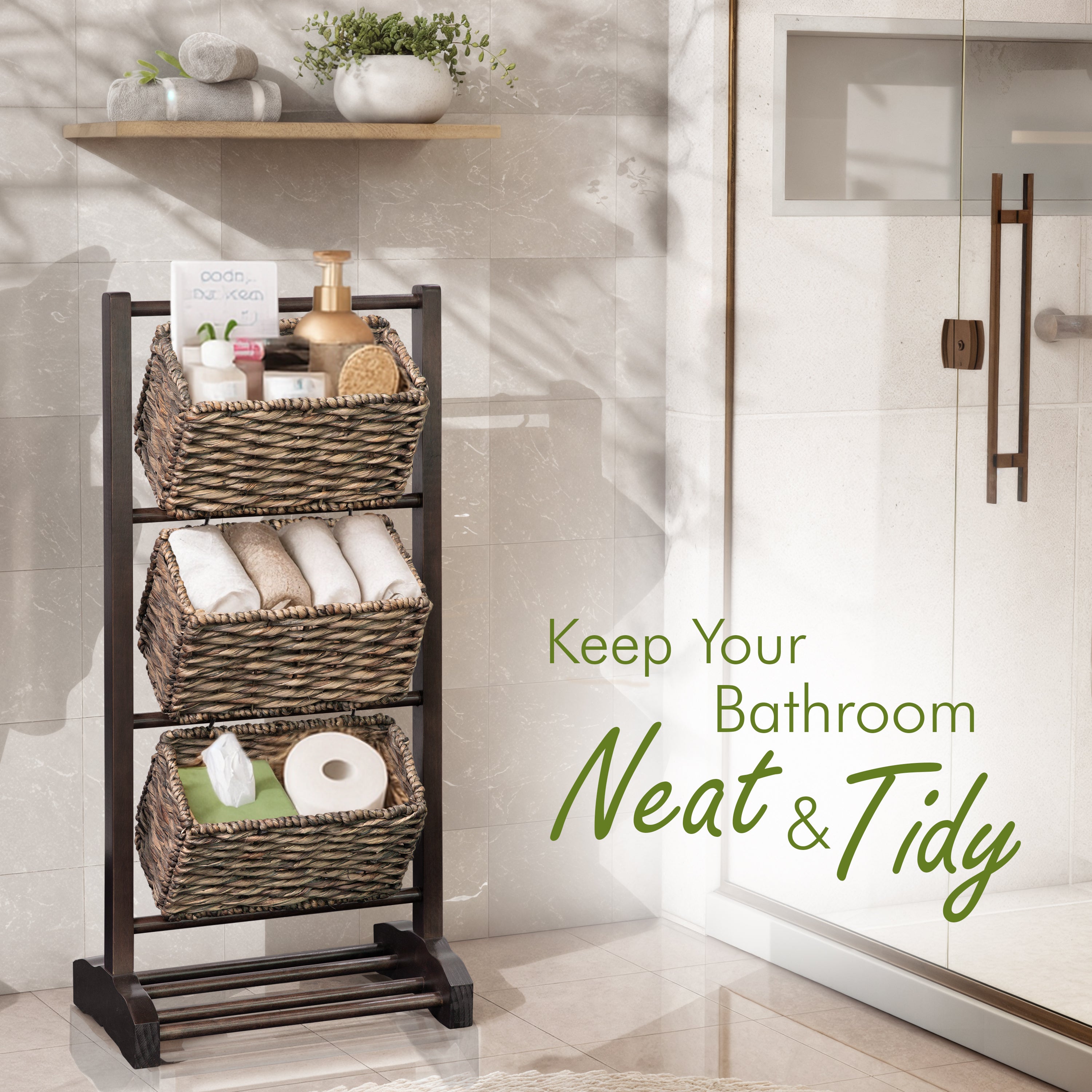 HOMESTEAD 3-Tier Wooden Shelf with Water Hyacinth Woven Baskets