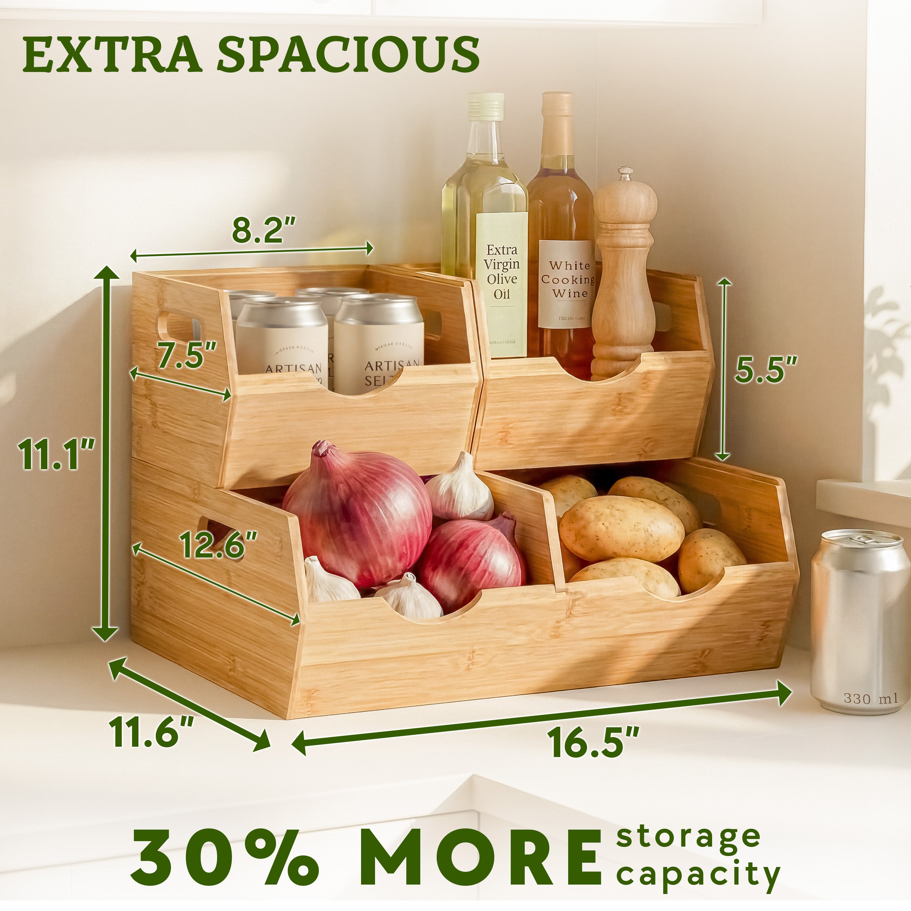 HOMESTEAD Extra Large Bamboo Pantry Storage Bins – 30% Larger, Stackable Potato Onion Storage Bin, Set of 3