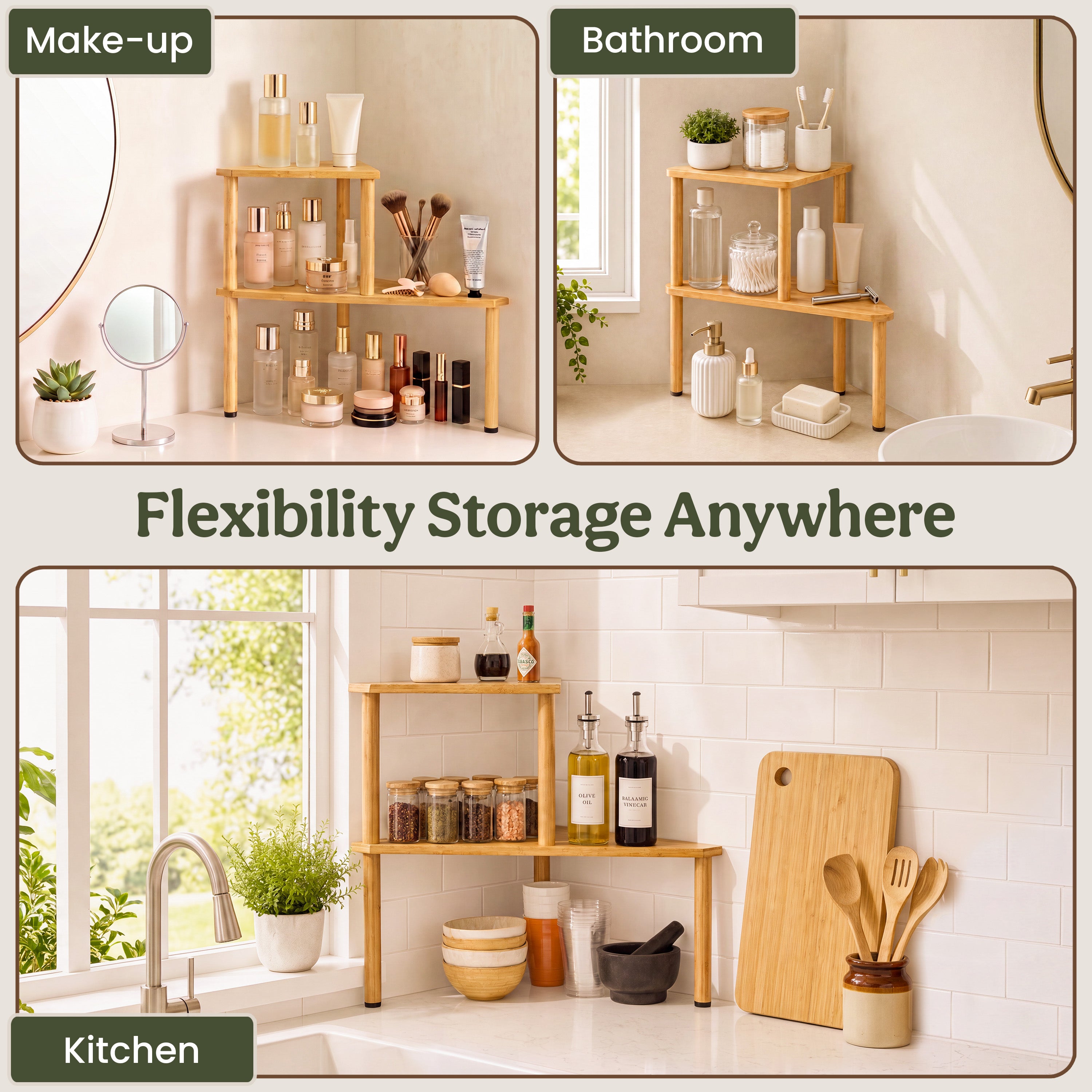 HOMESTEAD 2-Tier Bathroom Counter Organizer Bamboo Corner Shelf Kitchen